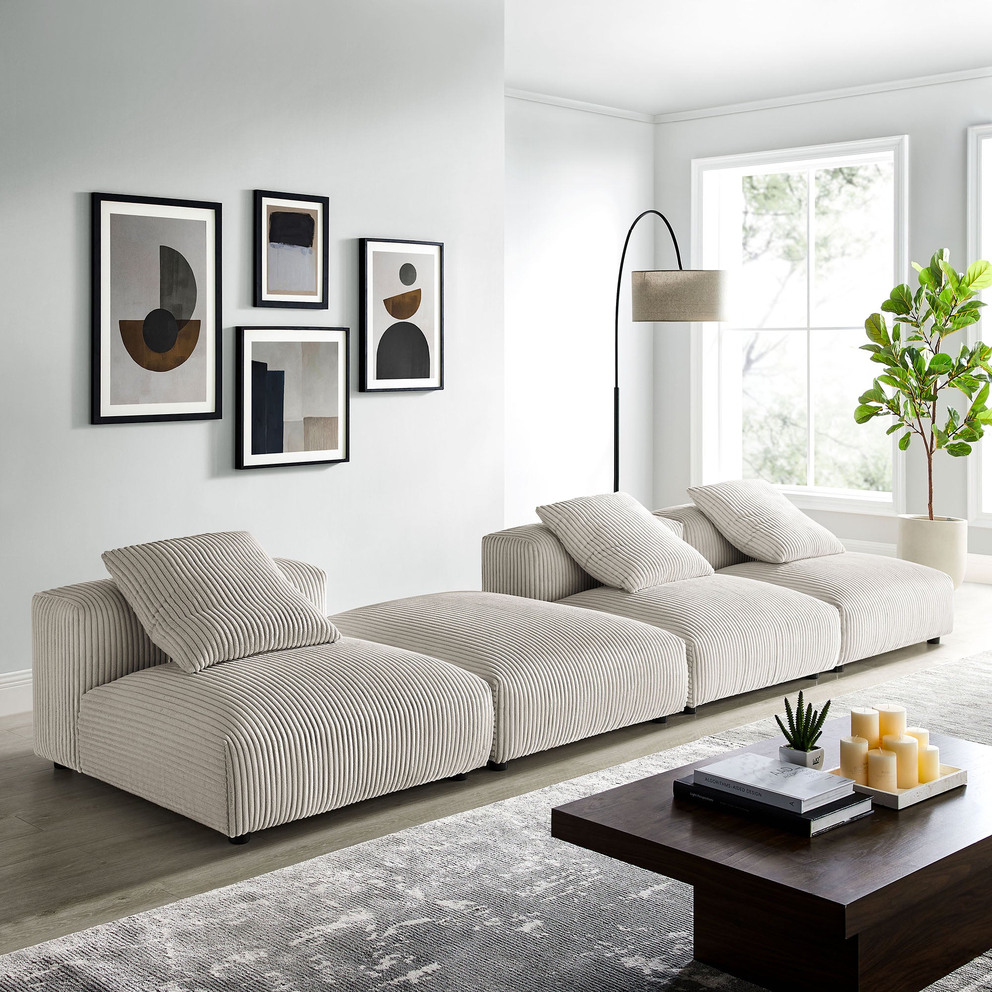 Solace 4-Piece Modular Corduroy Upholstered Sectional Sofa - Almond