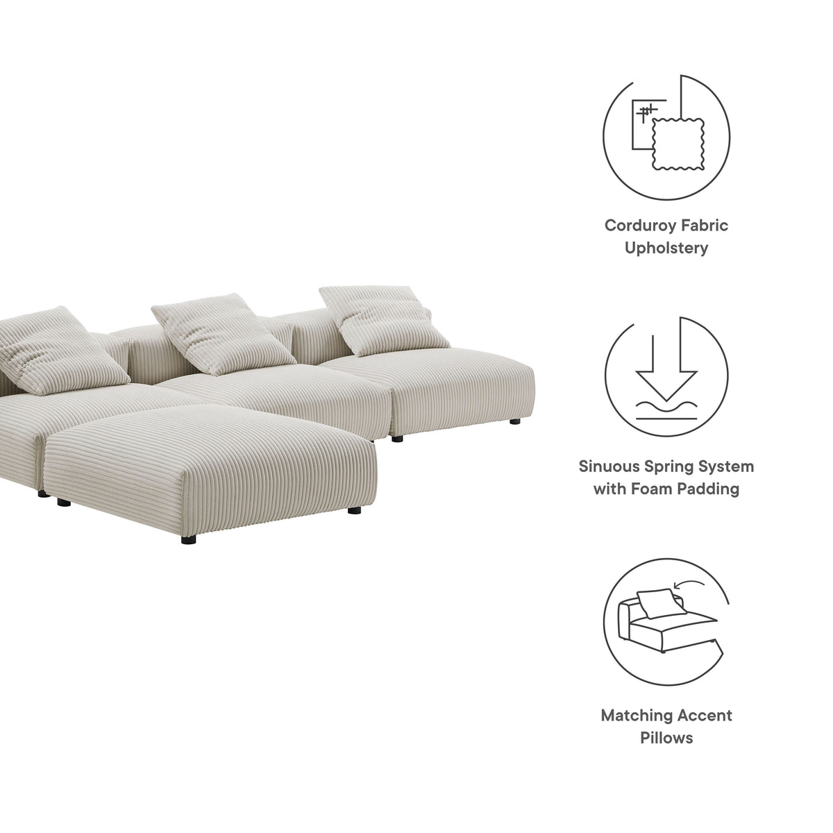 Solace 4-Piece Modular Corduroy Upholstered Sectional Sofa - Almond