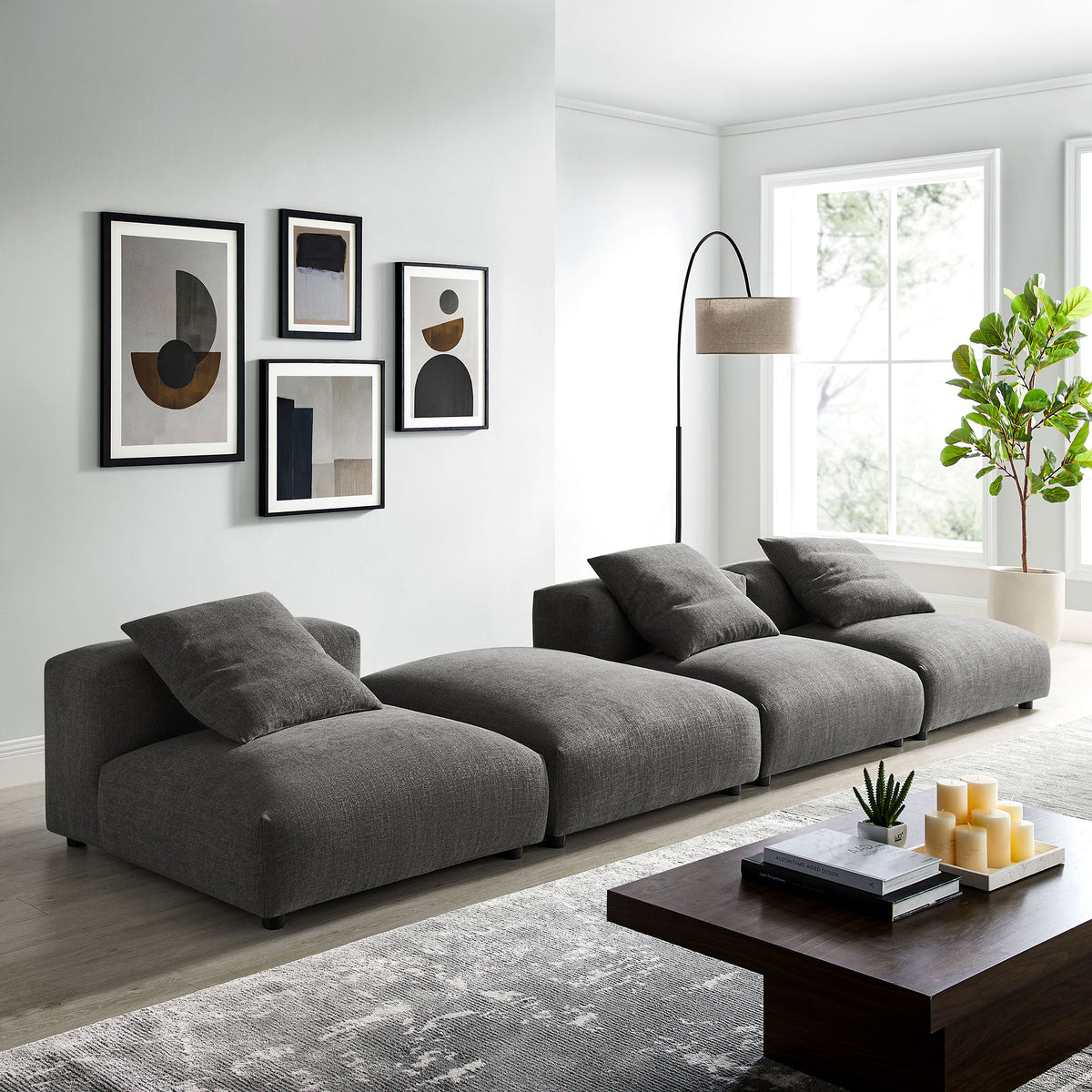 Solace 4-Piece Modular Upholstered Fabric Sectional Sofa - Charcoal