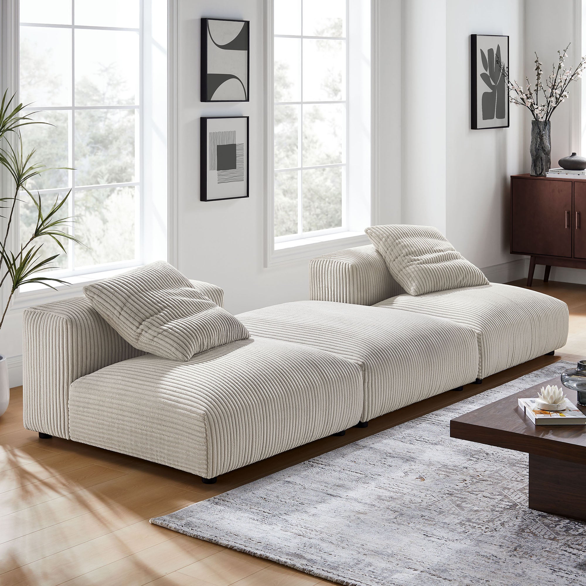 Solace 3-Piece Modular Corduroy Upholstered Sectional Sofa - Almond