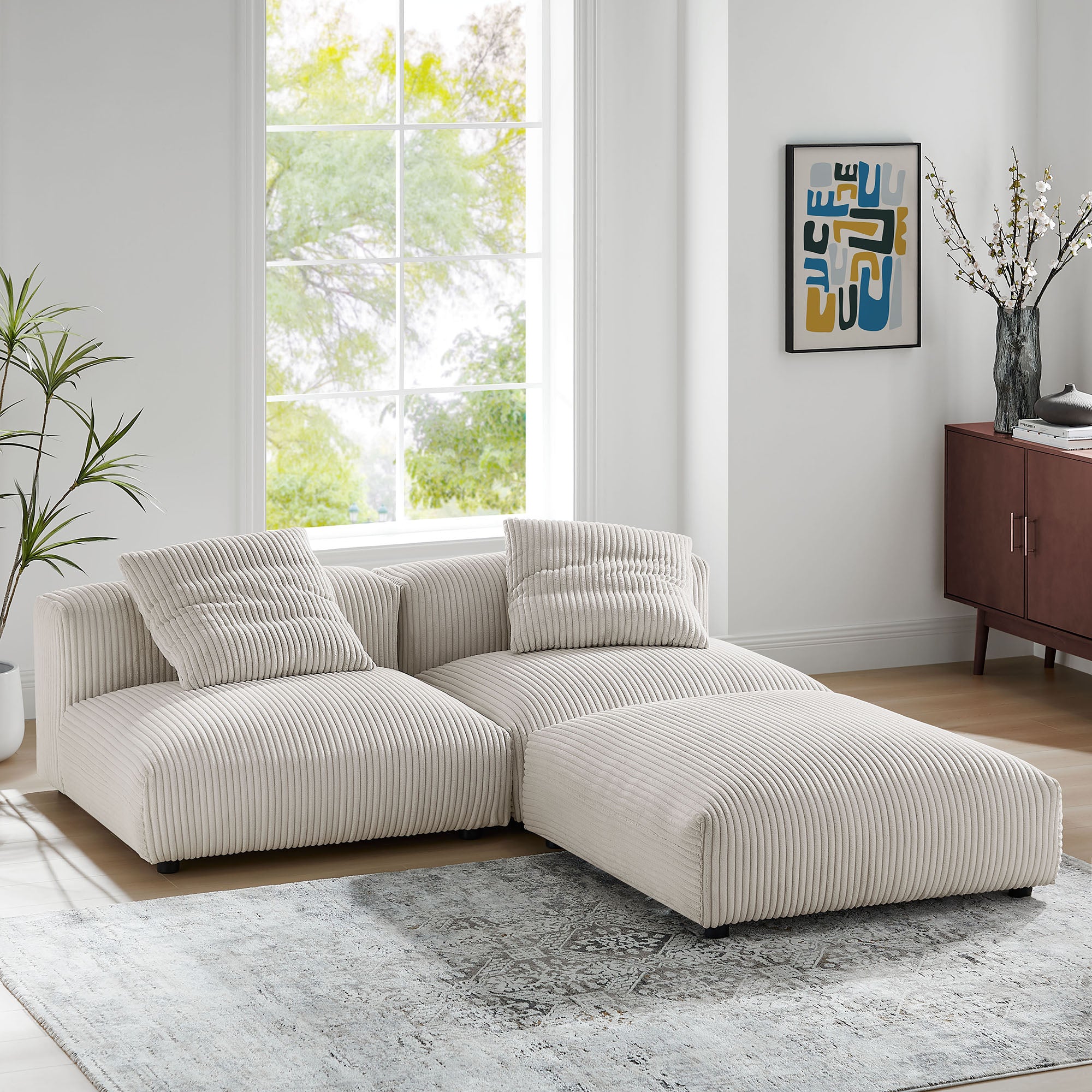 Solace 3-Piece Modular Corduroy Upholstered Sectional Sofa - Almond
