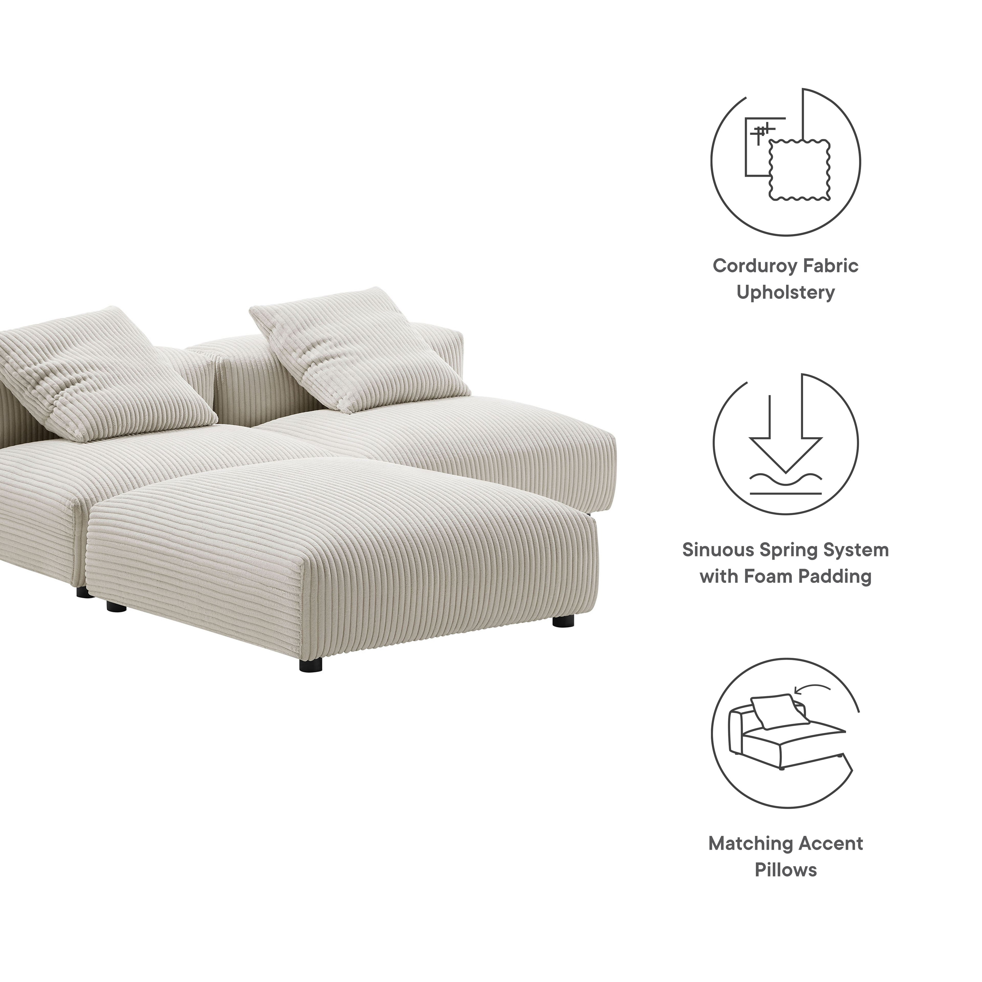 Solace 3-Piece Modular Corduroy Upholstered Sectional Sofa - Almond