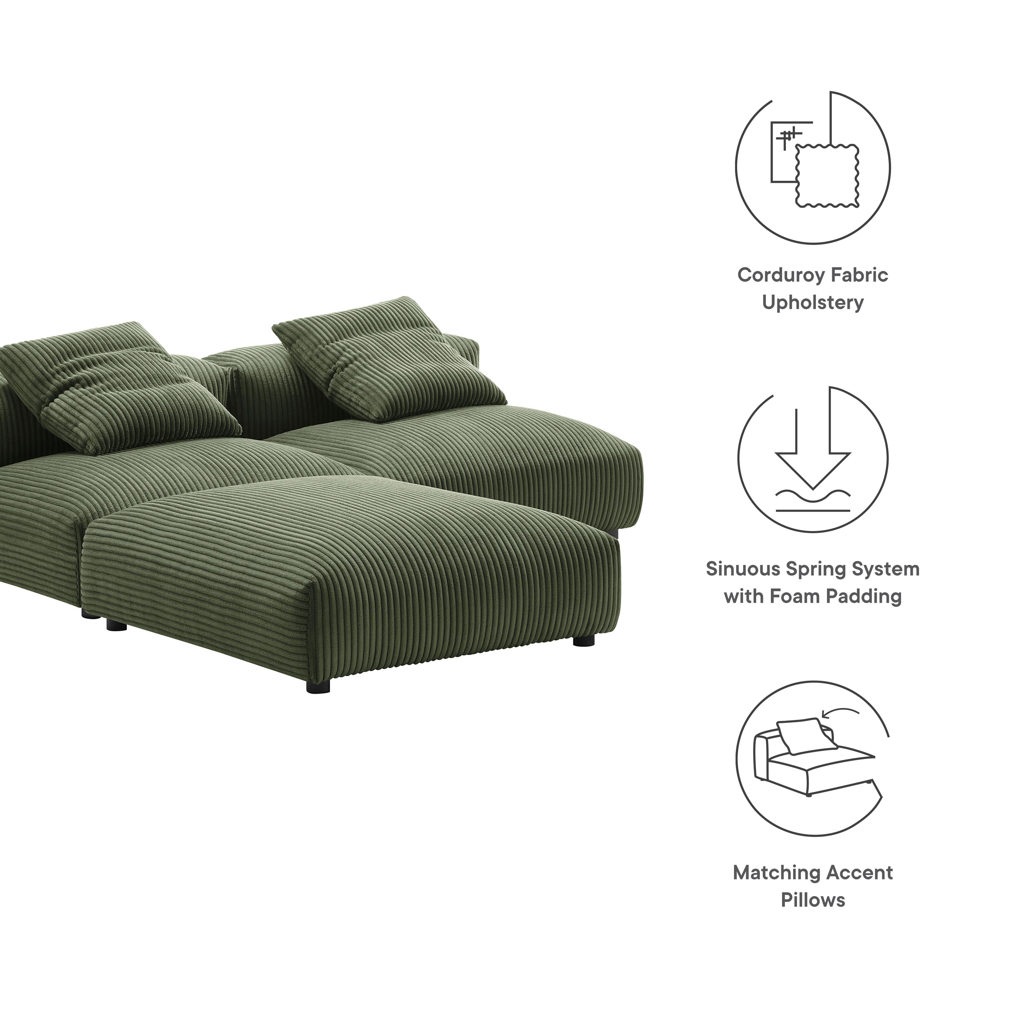 Solace 3-Piece Modular Corduroy Upholstered Sectional Sofa - Fern