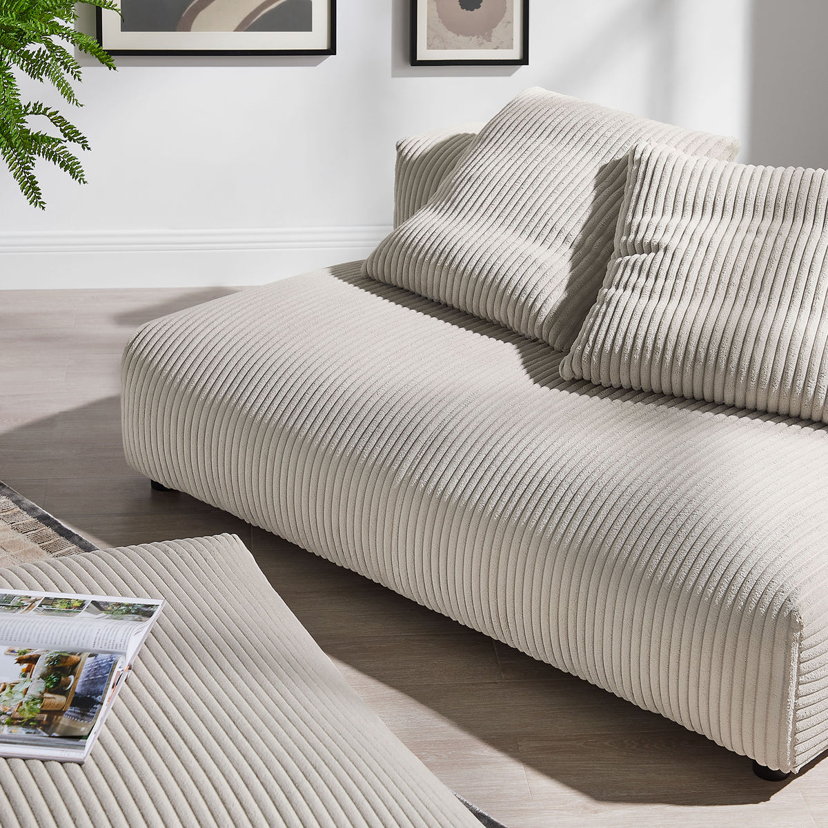 Solace Modular Corduroy Upholstered Armless Loveseat and Ottoman Set - Almond