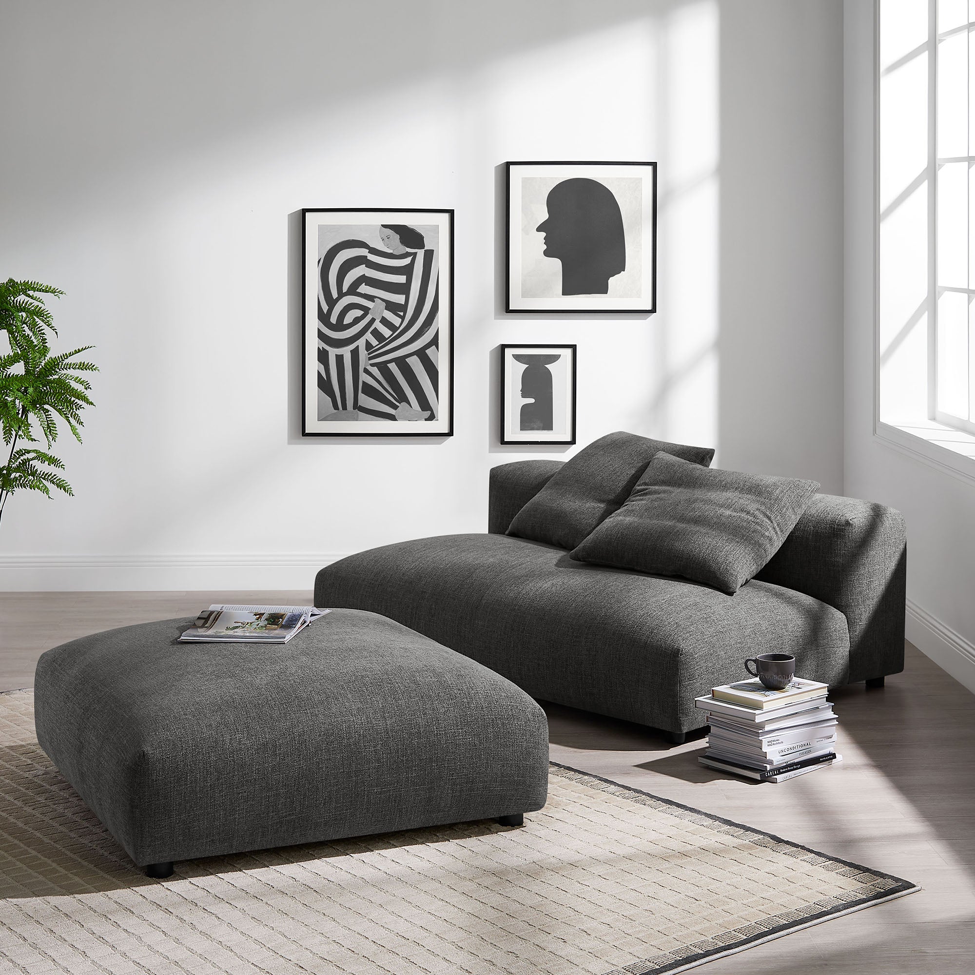 Solace Modular Upholstered Fabric Armless Loveseat and Ottoman Set - Charcoal