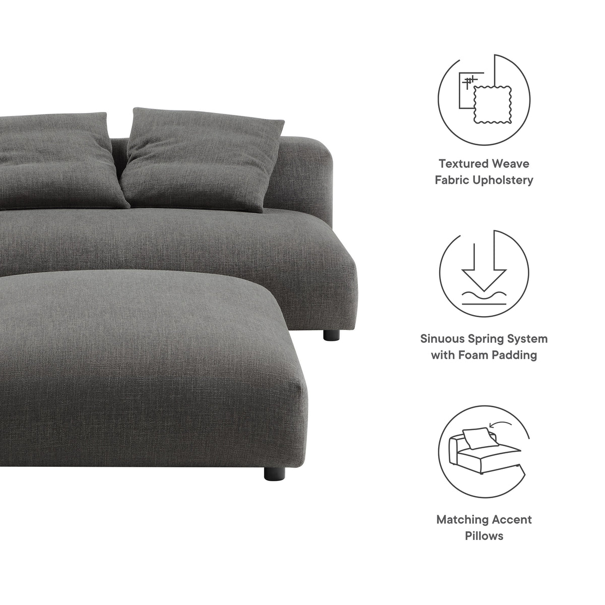 Solace Modular Upholstered Fabric Armless Loveseat and Ottoman Set - Charcoal
