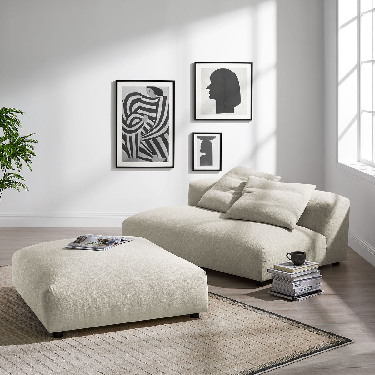 Solace Modular Upholstered Fabric Armless Loveseat and Ottoman Set - Linen