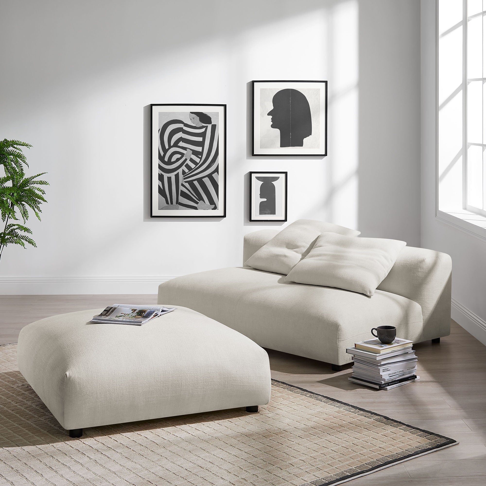 Solace Modular Upholstered Fabric Armless Loveseat and Ottoman Set - Salt