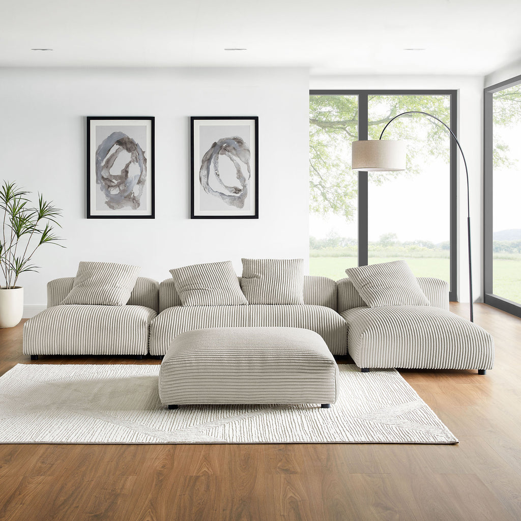 Solace 4-Piece Modular Corduroy Upholstered Sectional Sofa With Ottoman - Almond
