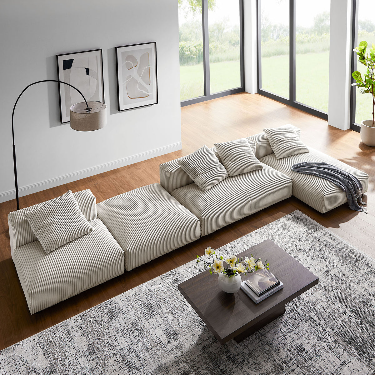 Solace 4-Piece Modular Corduroy Upholstered Sectional Sofa With Ottoman - Almond
