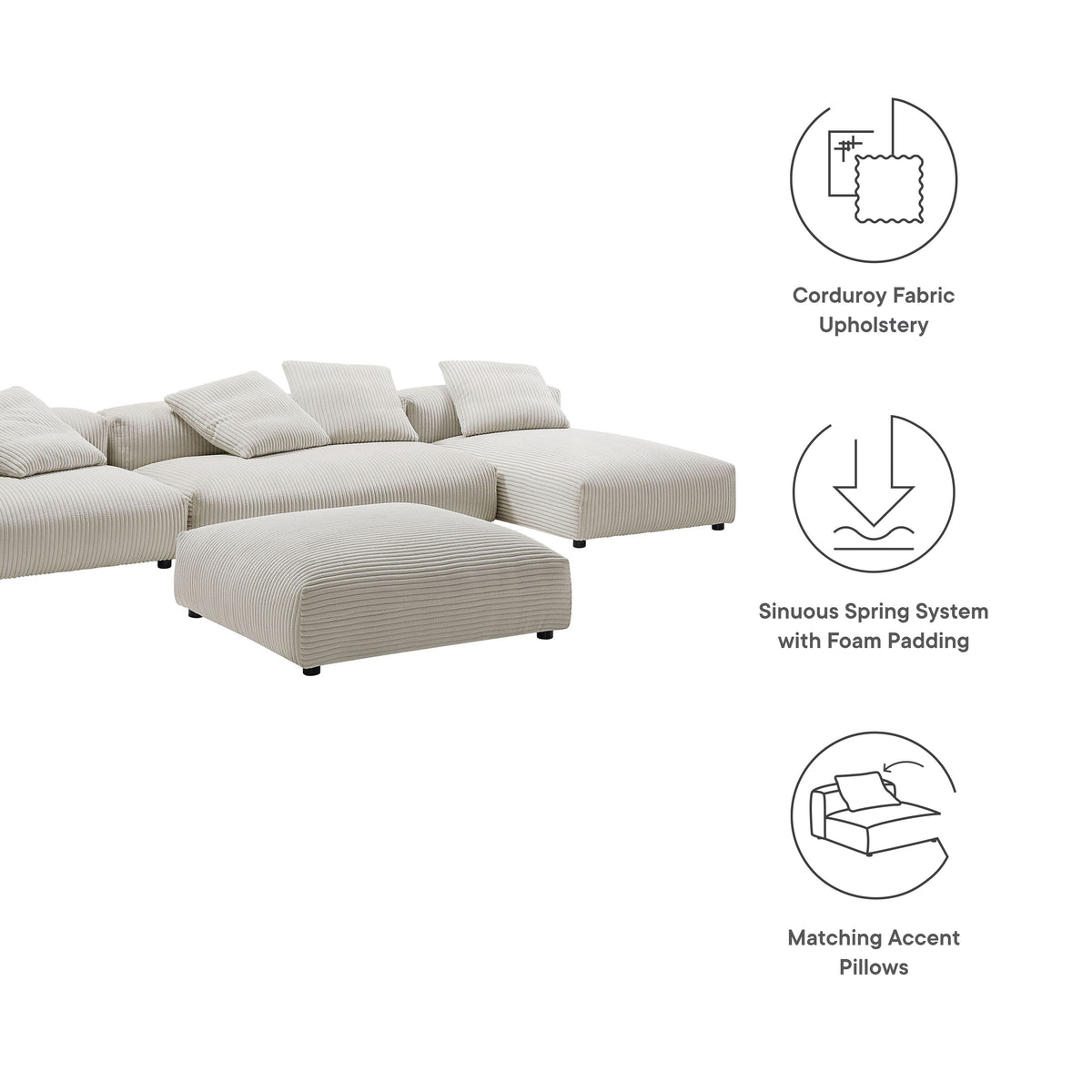 Solace 4-Piece Modular Corduroy Upholstered Sectional Sofa With Ottoman - Almond