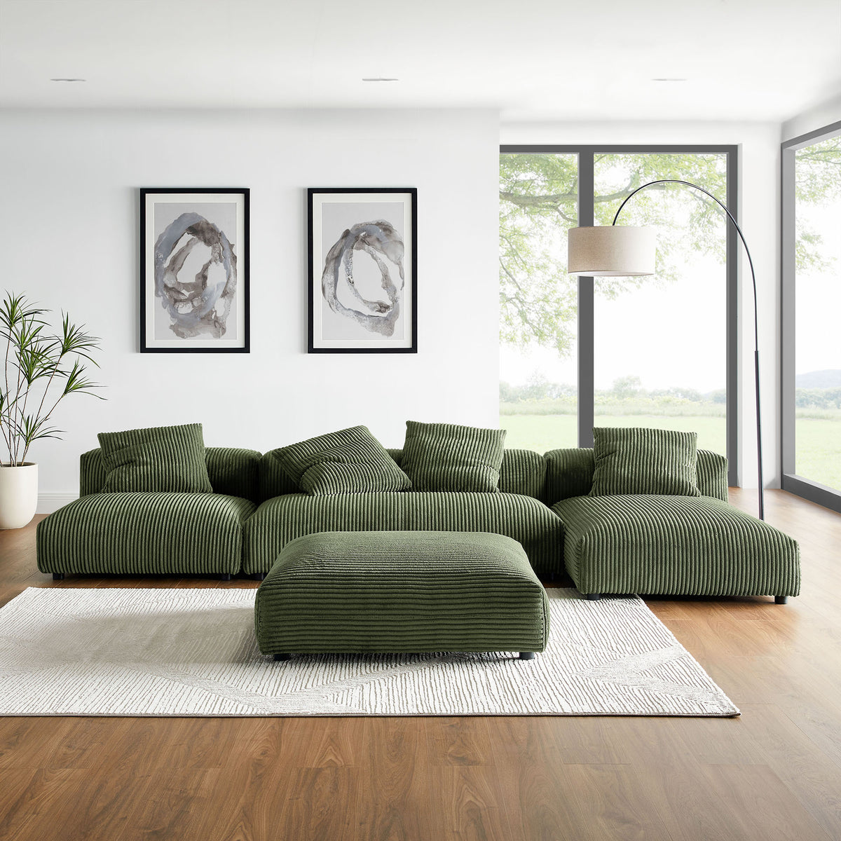 Solace 4-Piece Modular Corduroy Upholstered Sectional Sofa With Ottoman - Fern