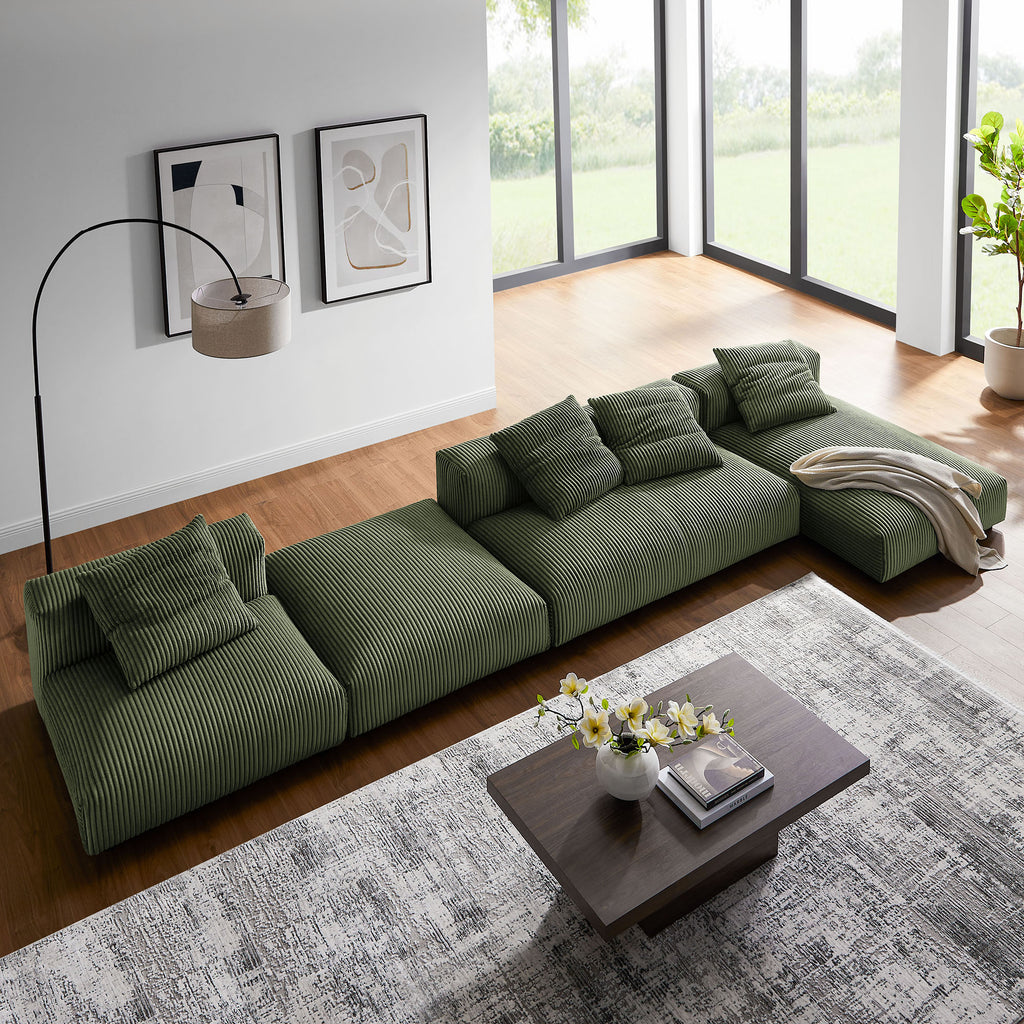 Solace 4-Piece Modular Corduroy Upholstered Sectional Sofa With Ottoman - Fern