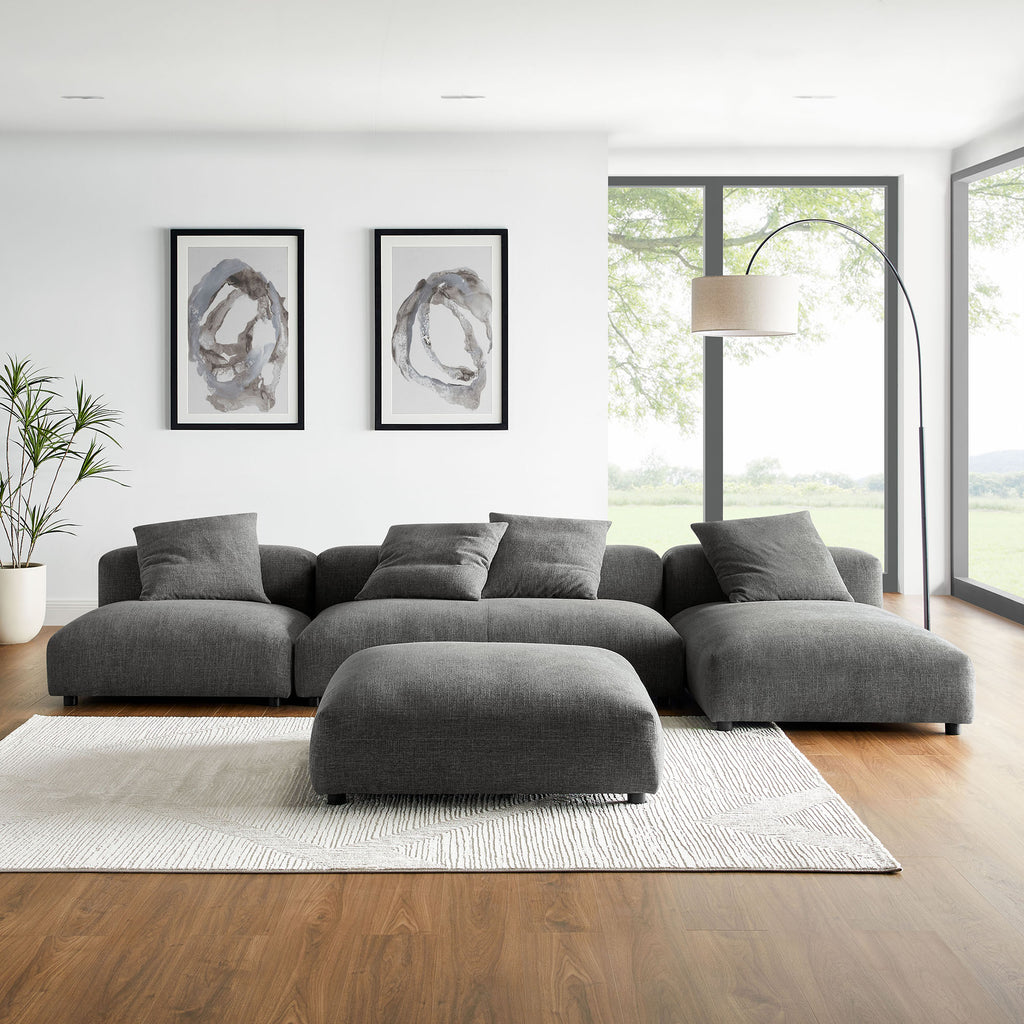 Solace 4-Piece Modular Upholstered Fabric Sectional Sofa With Ottoman - Charcoal