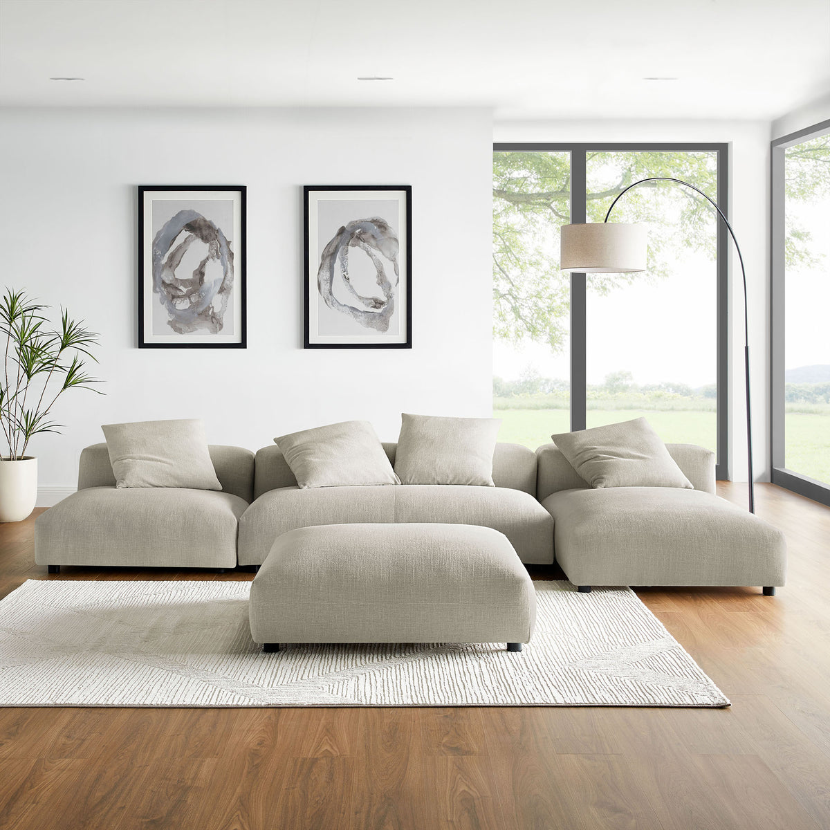 Solace 4-Piece Modular Upholstered Fabric Sectional Sofa With Ottoman - Linen