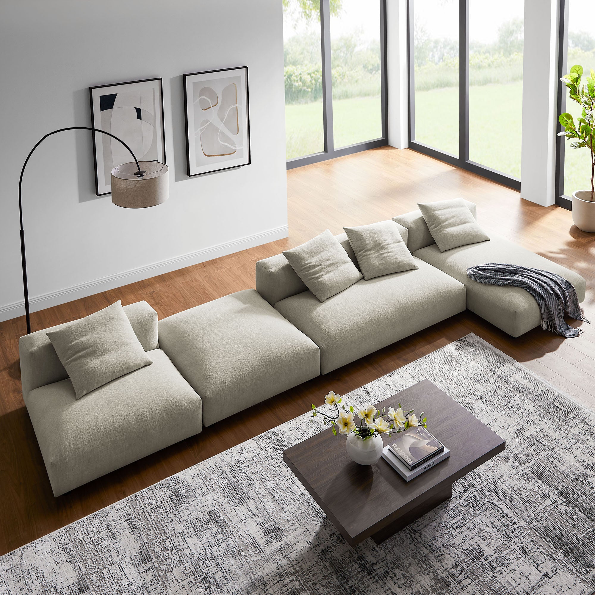 Solace 4-Piece Modular Upholstered Fabric Sectional Sofa With Ottoman - Linen