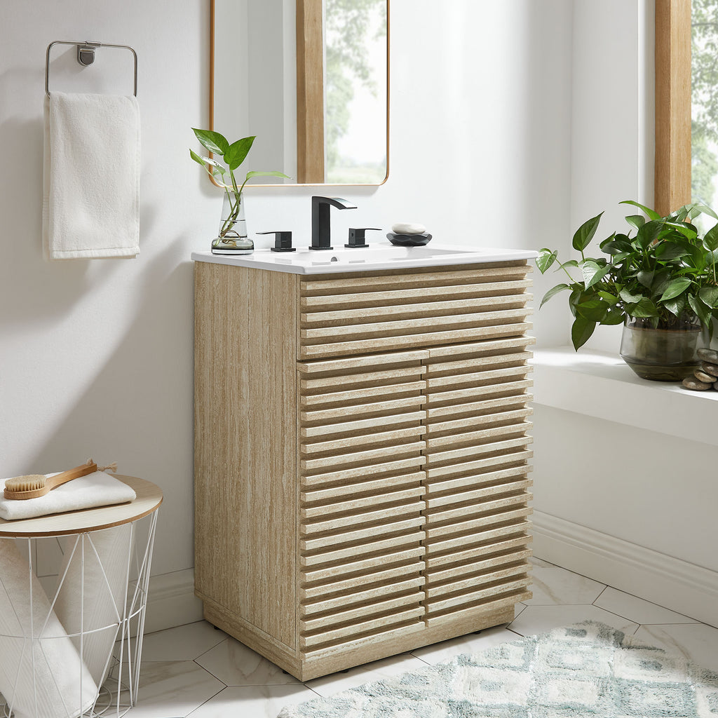 Render 24" Faux Travertine Bathroom Vanity With Sink - White