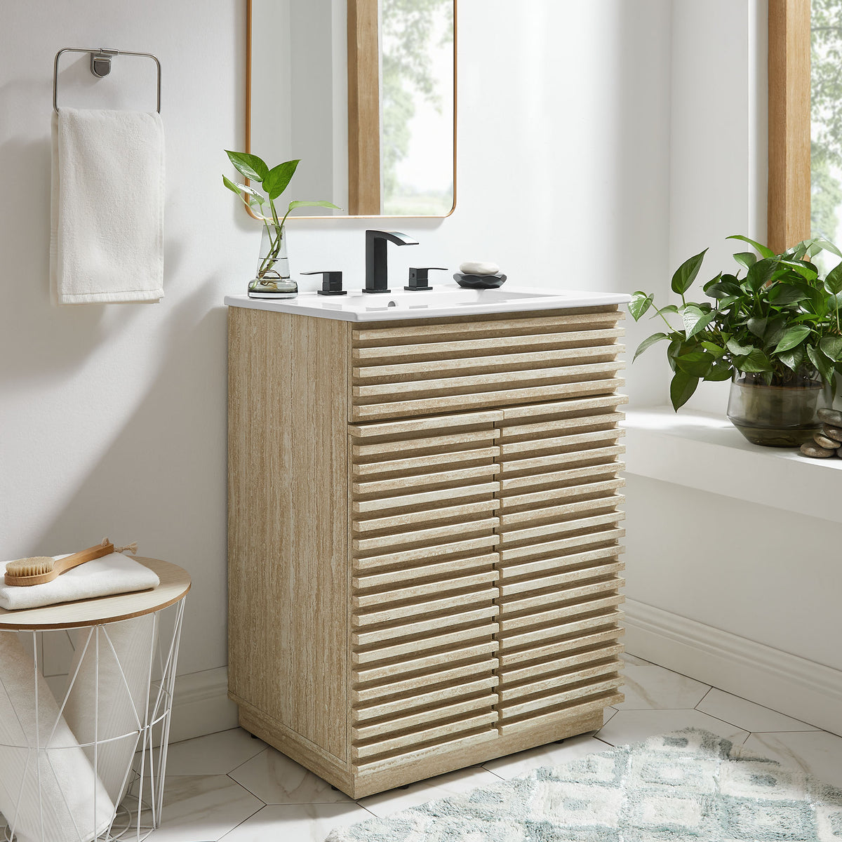 Render 24" Faux Travertine Bathroom Vanity With Sink - White