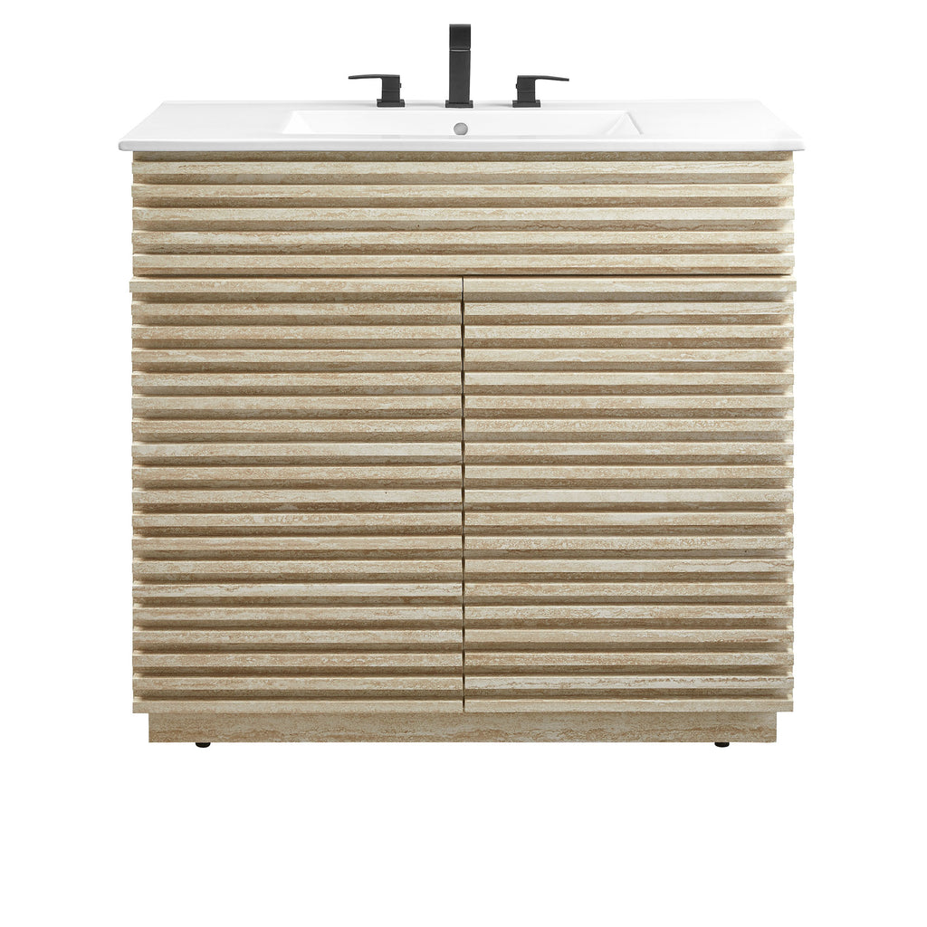 Render 36" Faux Travertine Bathroom Vanity With Sink - White