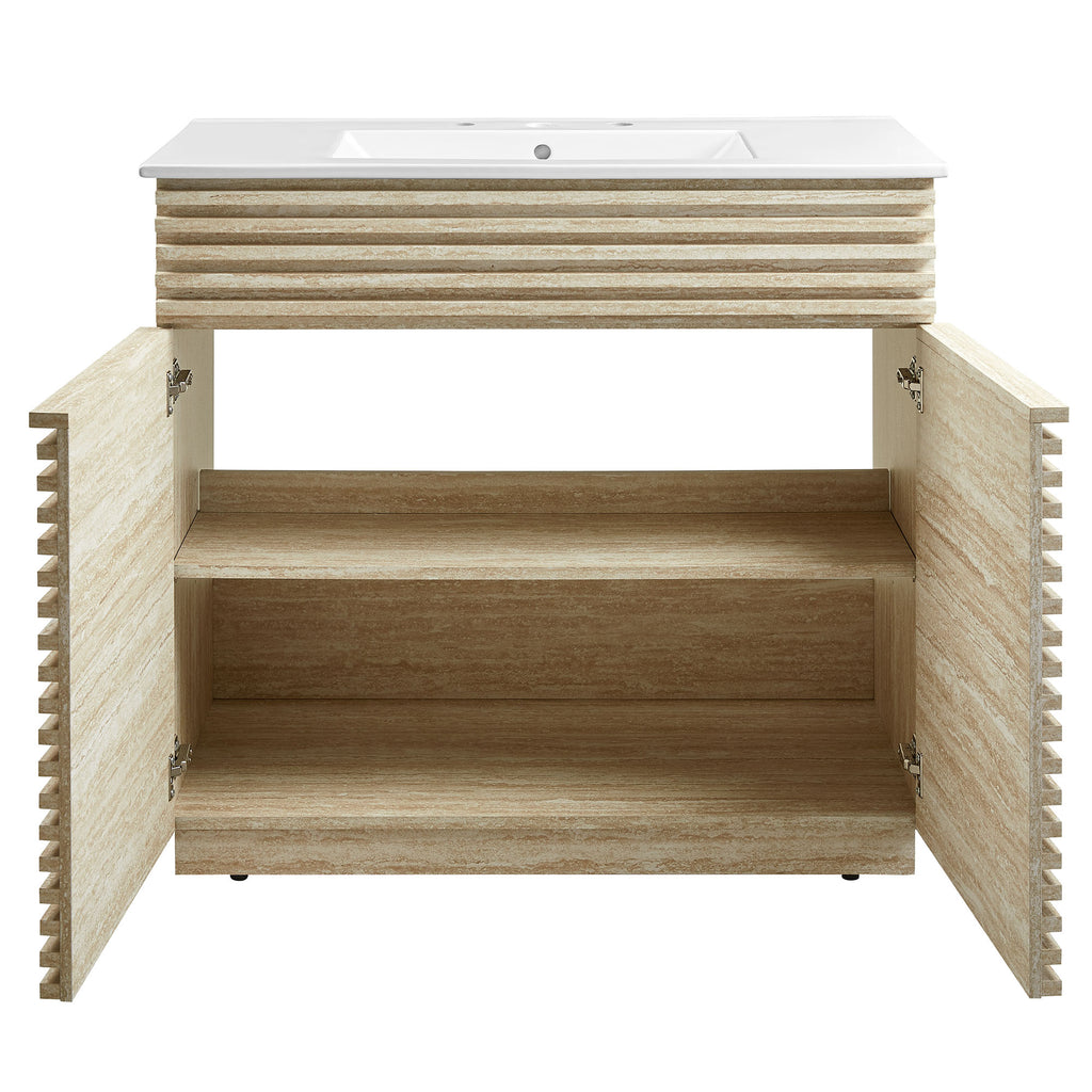 Render 36" Faux Travertine Bathroom Vanity With Sink - White