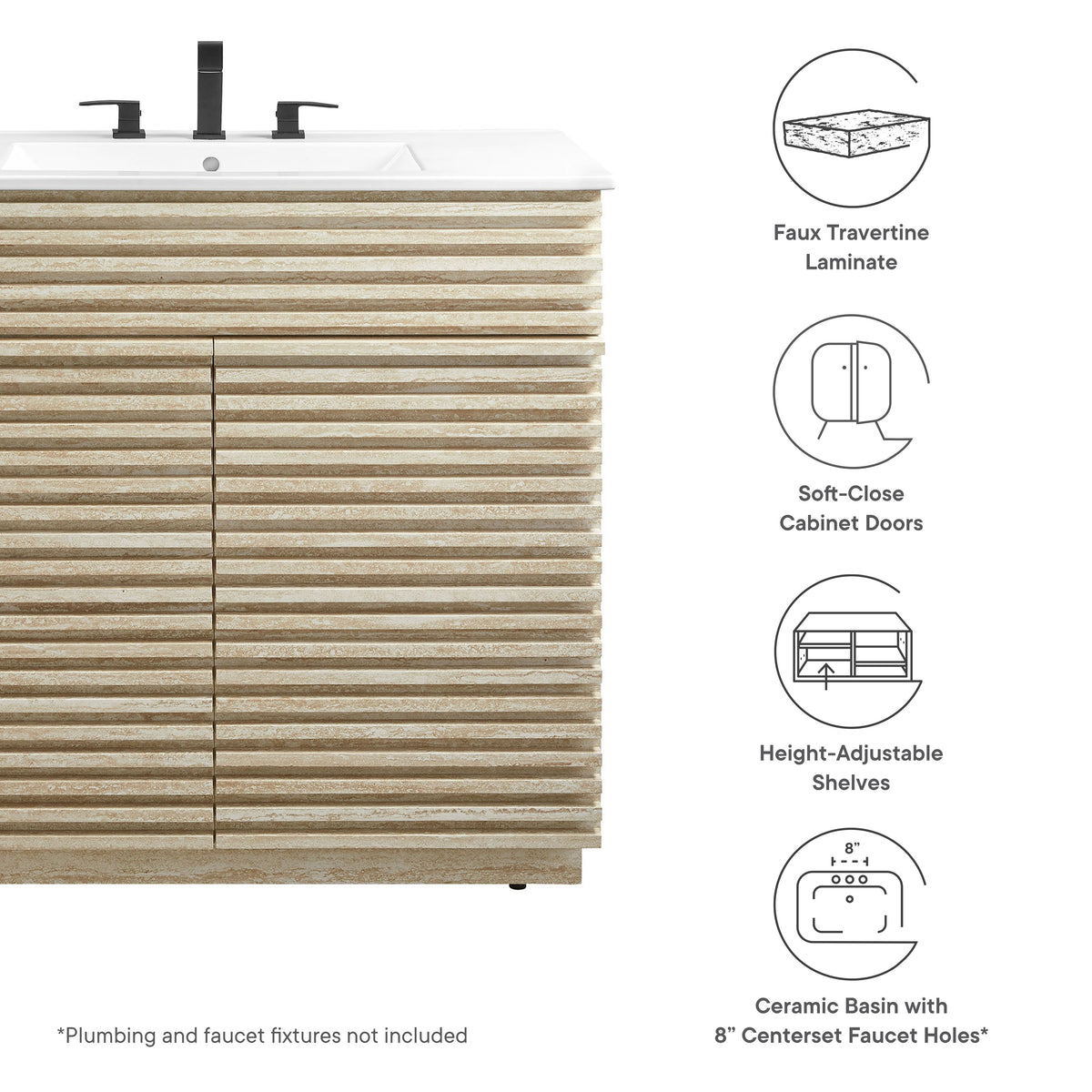 Render 36" Faux Travertine Bathroom Vanity With Sink - White