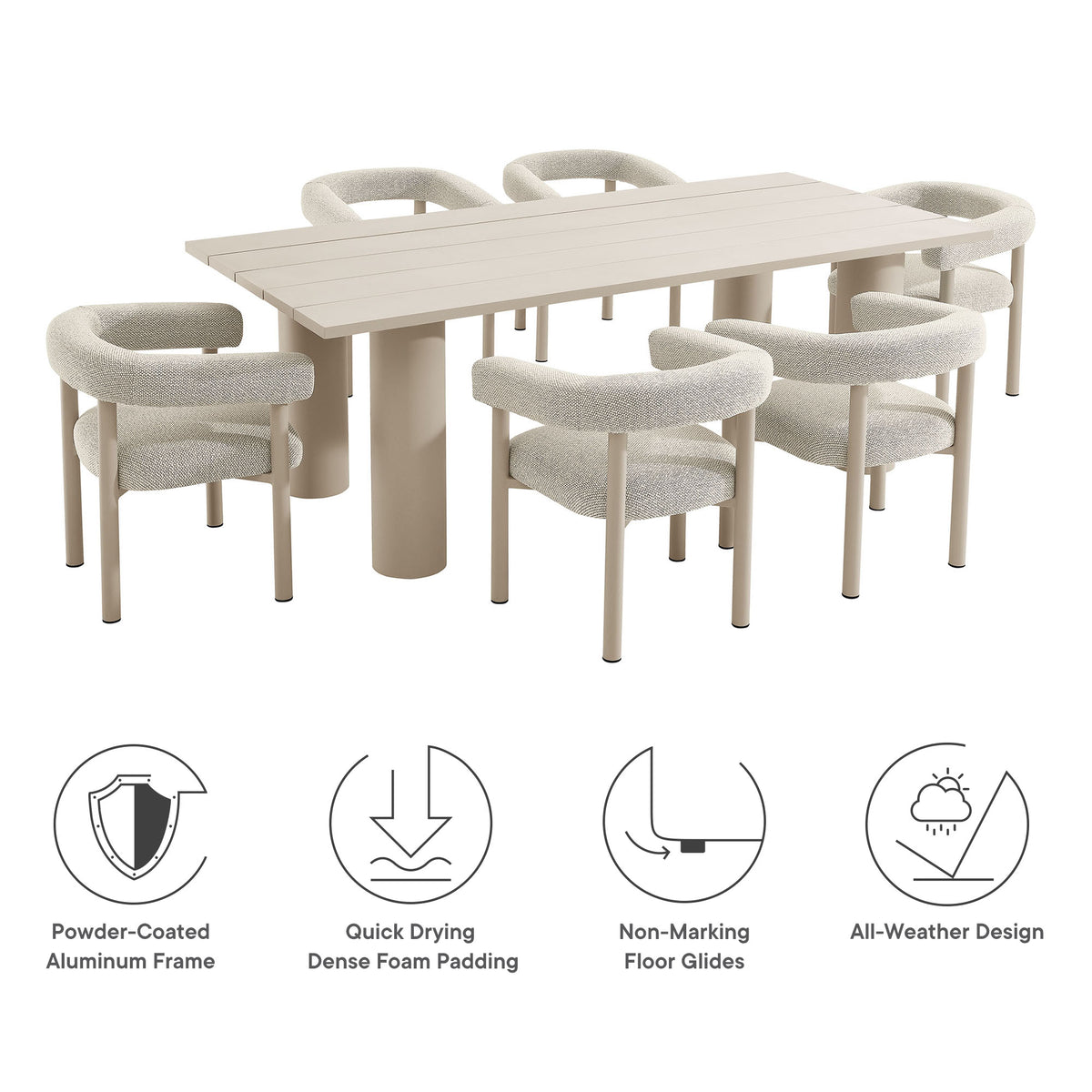 Nautica 7-Piece Rectangular Outdoor Patio Aluminum Dining Table and Chairs Set - Ivory Taupe