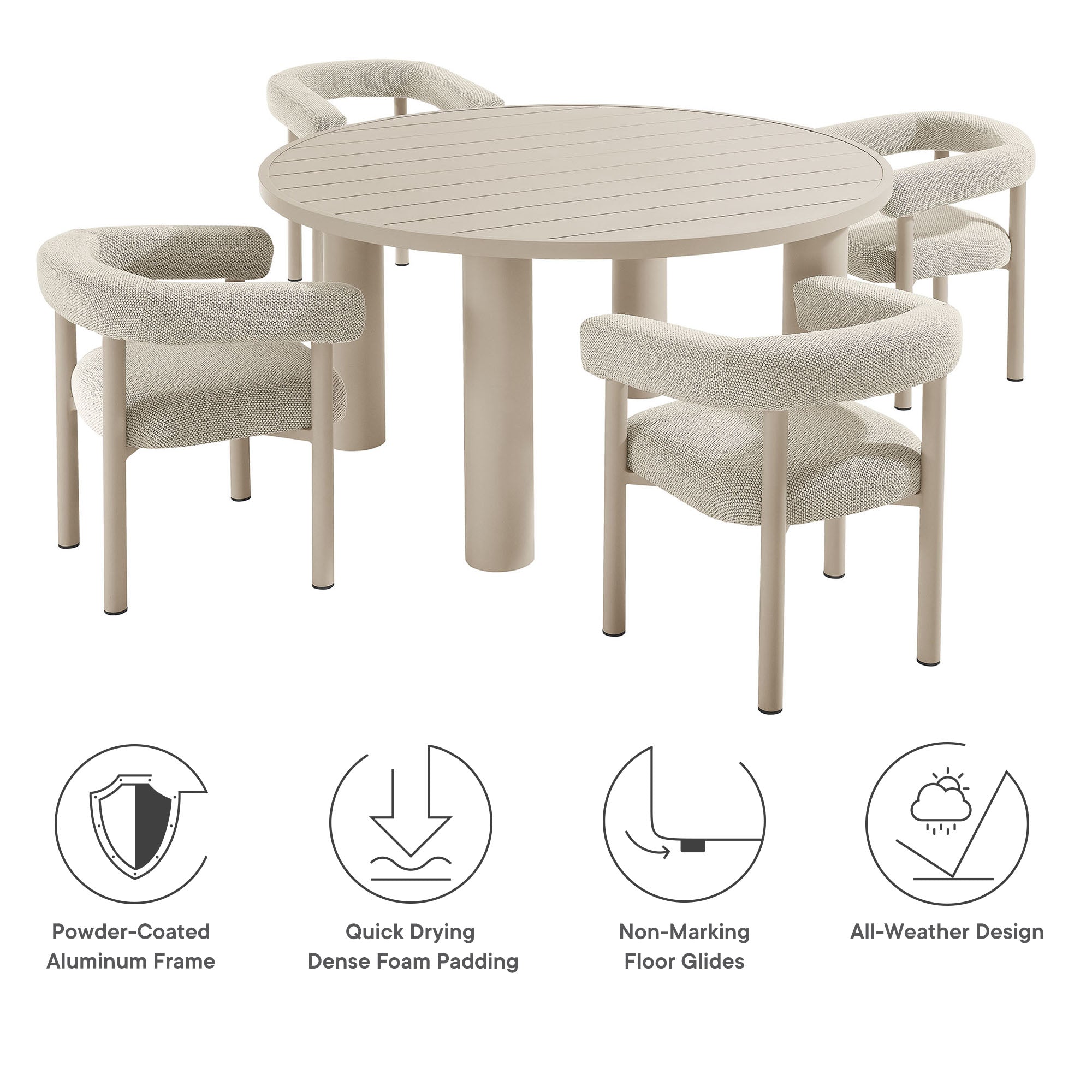 Nautica 5-Piece Round Outdoor Patio Aluminum Dining Table and Chairs Set - Ivory Taupe