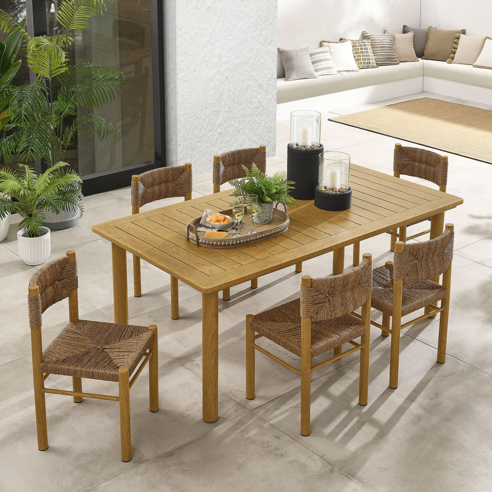 Parkland 7-Piece Rectangular Outdoor Patio Rattan and Aluminum Dining Table and Chairs Set - Natural