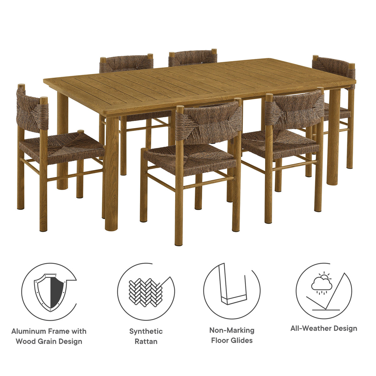 Parkland 7-Piece Rectangular Outdoor Patio Rattan and Aluminum Dining Table and Chairs Set - Natural