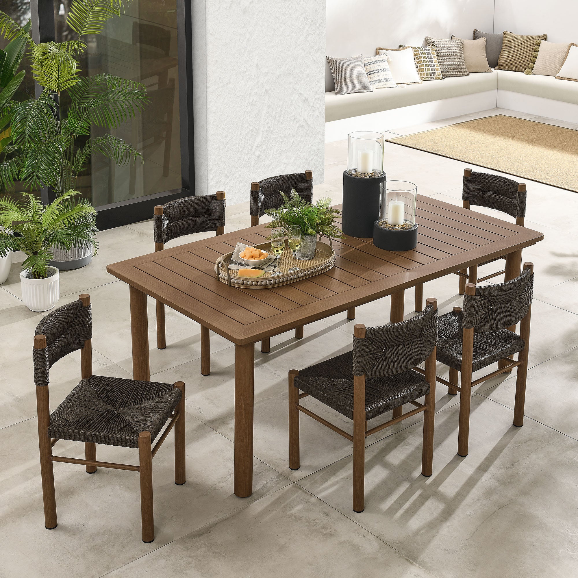 Parkland 7-Piece Rectangular Outdoor Patio Rattan and Aluminum Dining Table and Chairs Set - Walnut