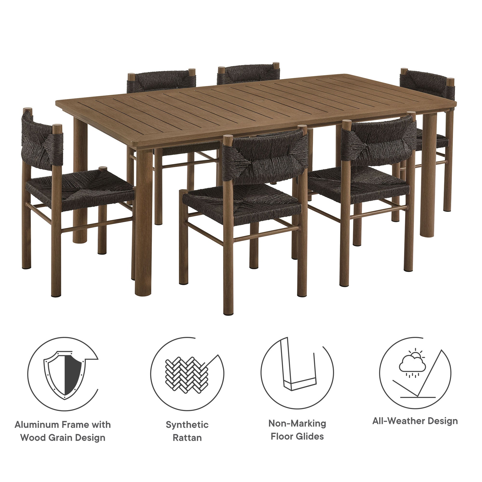 Parkland 7-Piece Rectangular Outdoor Patio Rattan and Aluminum Dining Table and Chairs Set - Walnut