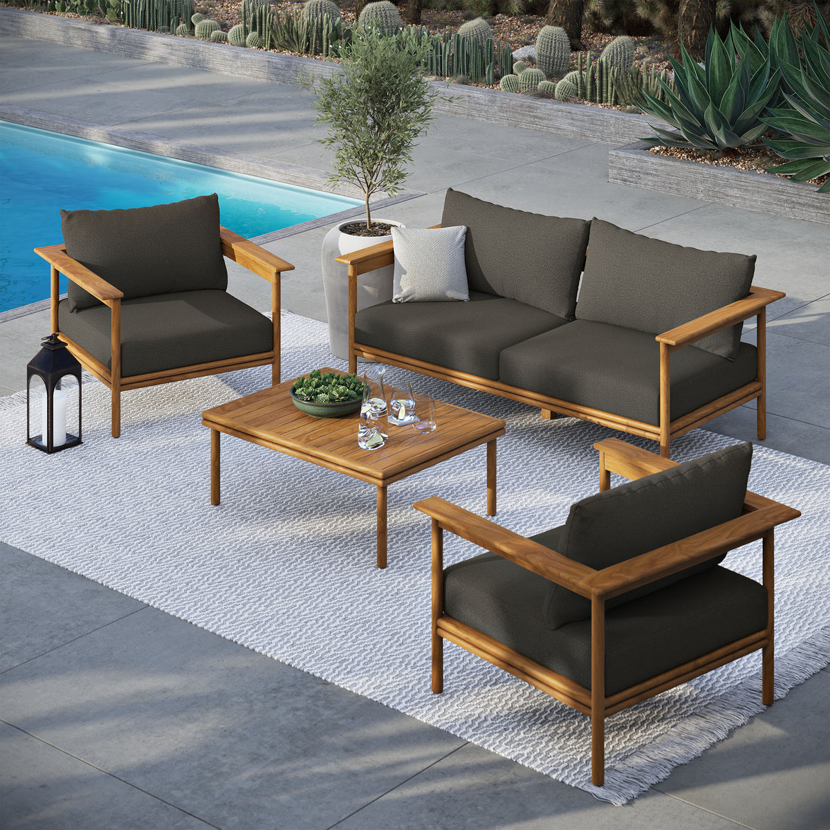 Wren 4-Piece Outdoor Patio Teak Wood Furniture Set - Natural Flint Gray