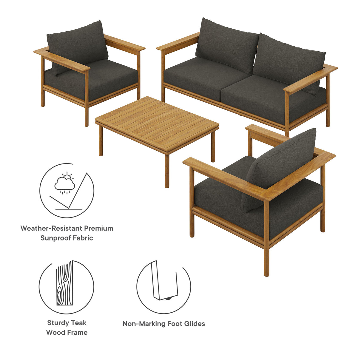Wren 4-Piece Outdoor Patio Teak Wood Furniture Set - Natural Flint Gray