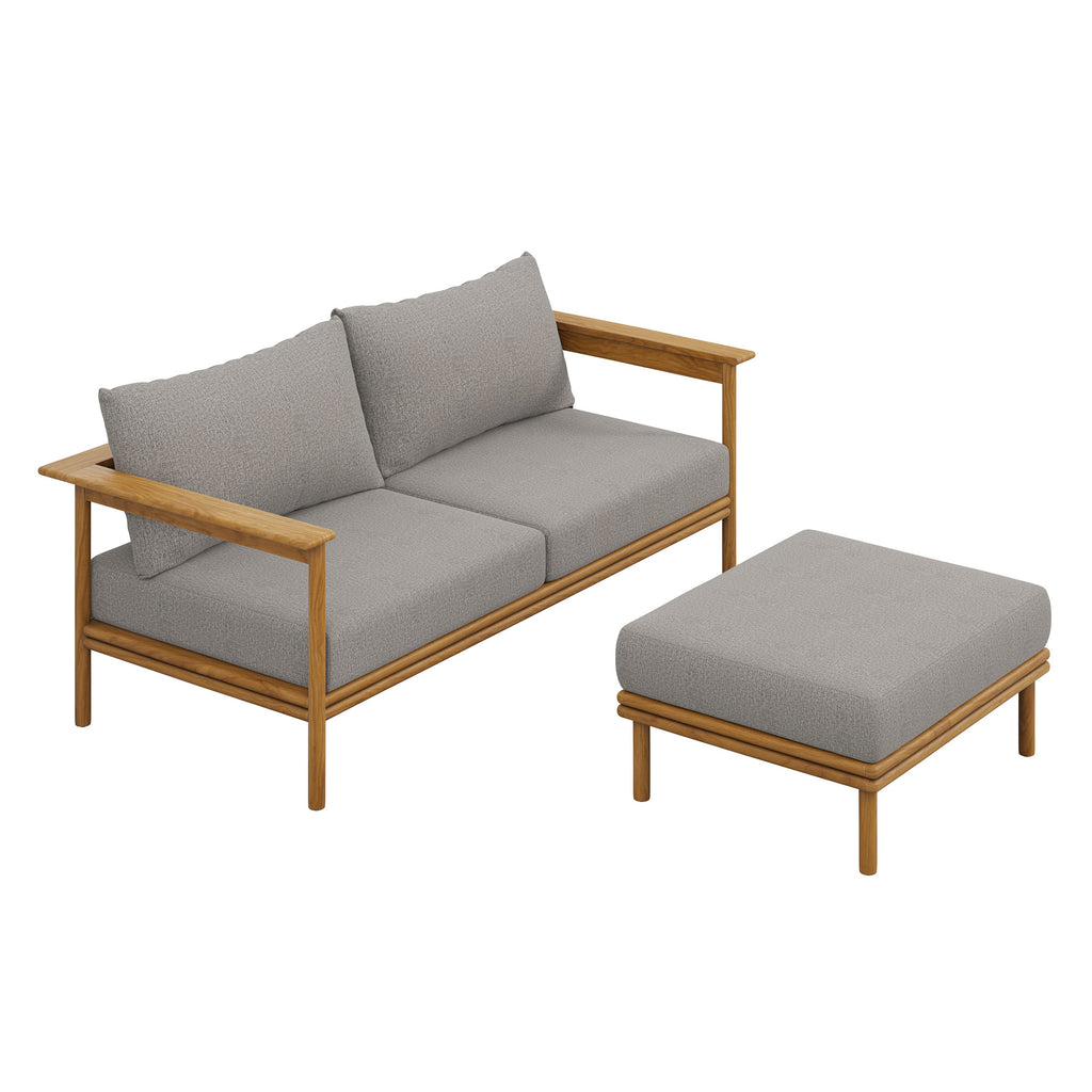 Wren 2-Piece Outdoor Patio Teak Wood Sofa and Ottoman Set - Natural Driftwood