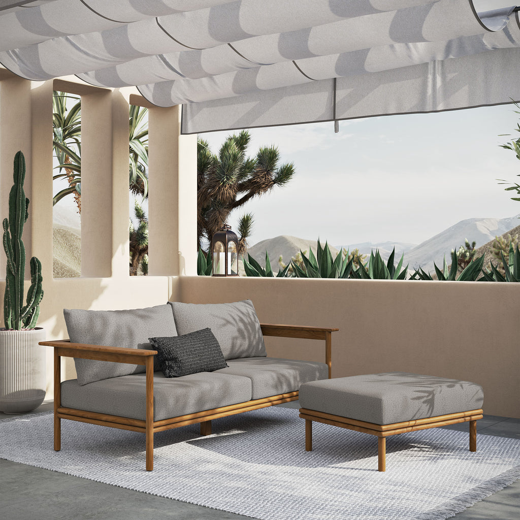 Wren 2-Piece Outdoor Patio Teak Wood Sofa and Ottoman Set - Natural Driftwood