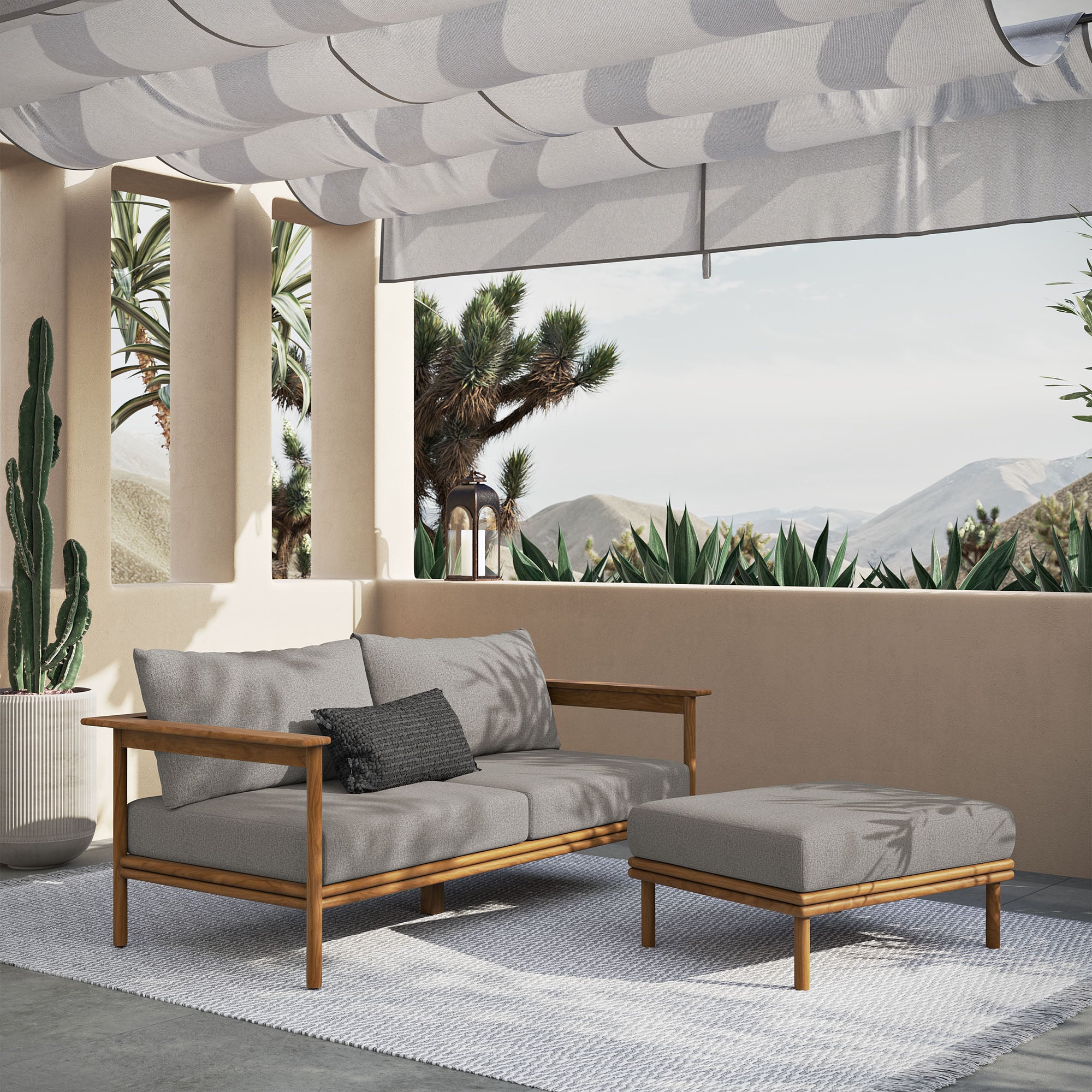 Wren 2-Piece Outdoor Patio Teak Wood Sofa and Ottoman Set - Natural Driftwood