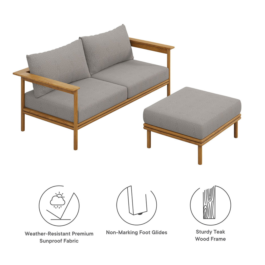 Wren 2-Piece Outdoor Patio Teak Wood Sofa and Ottoman Set - Natural Driftwood
