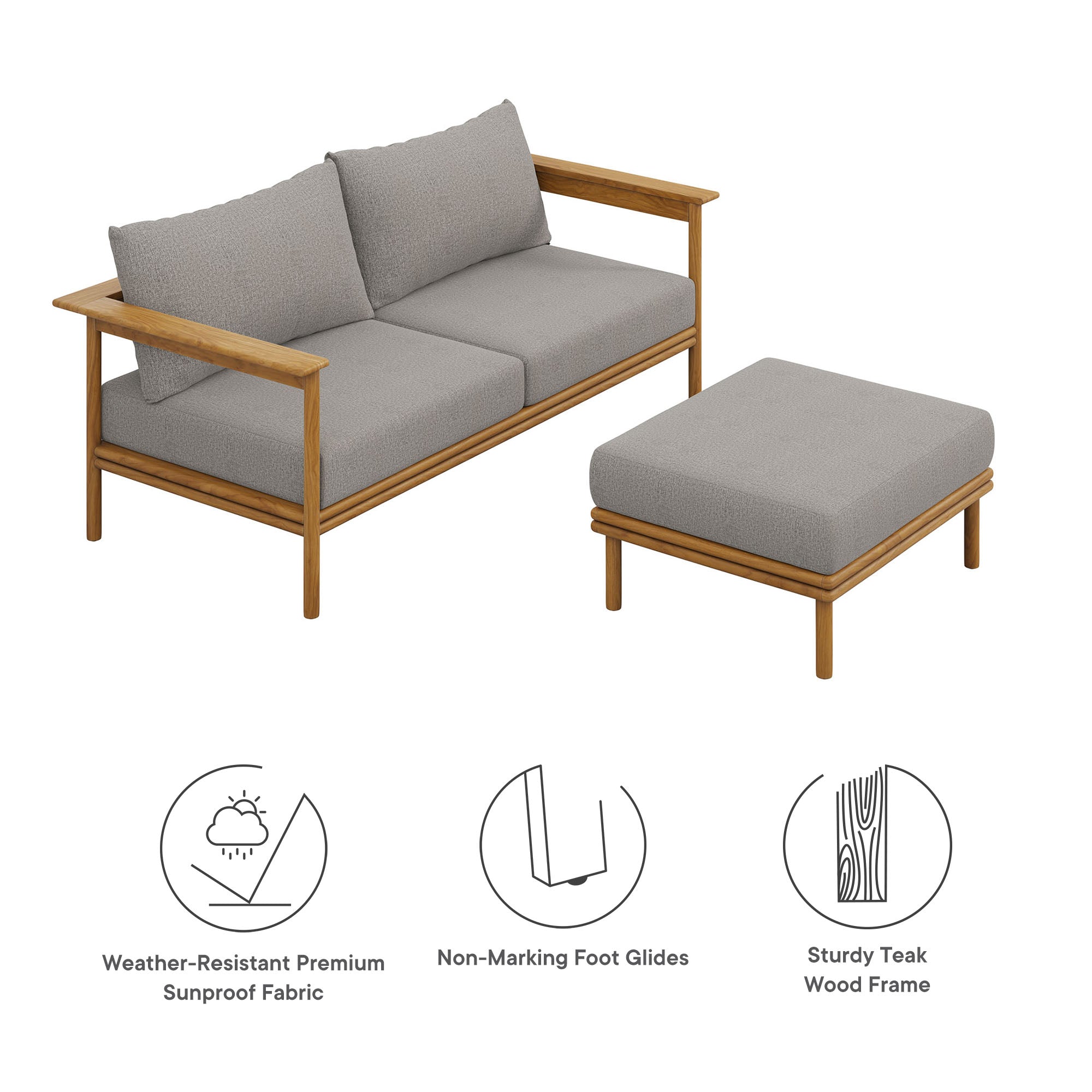 Wren 2-Piece Outdoor Patio Teak Wood Sofa and Ottoman Set - Natural Driftwood