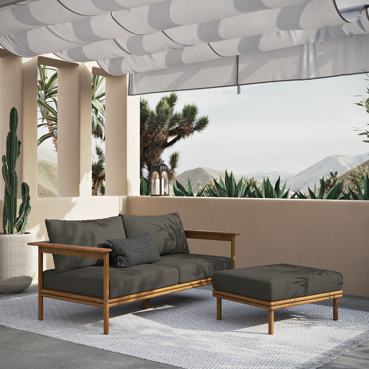 Wren 2-Piece Outdoor Patio Teak Wood Sofa and Ottoman Set - Natural Flint Gray