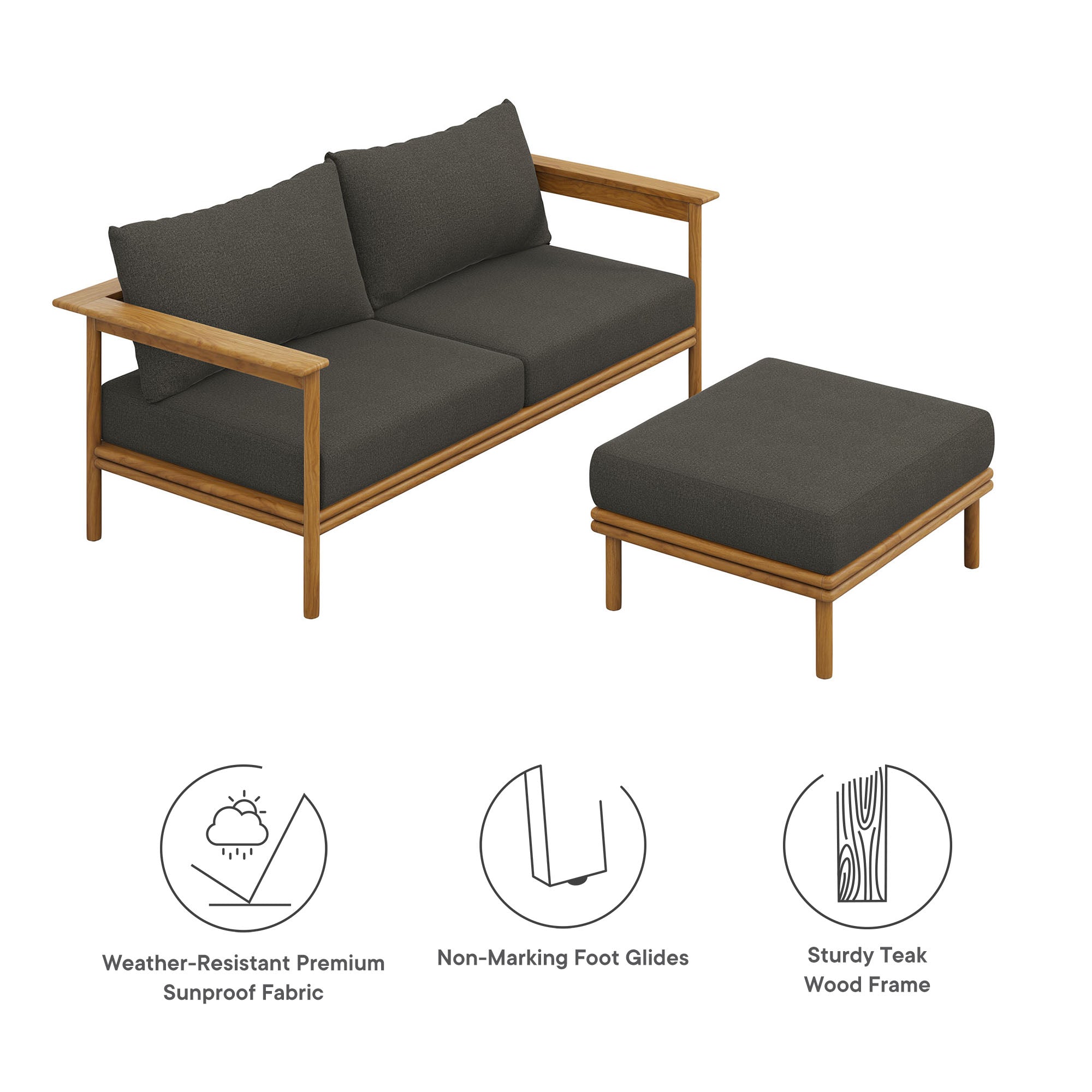 Wren 2-Piece Outdoor Patio Teak Wood Sofa and Ottoman Set - Natural Flint Gray