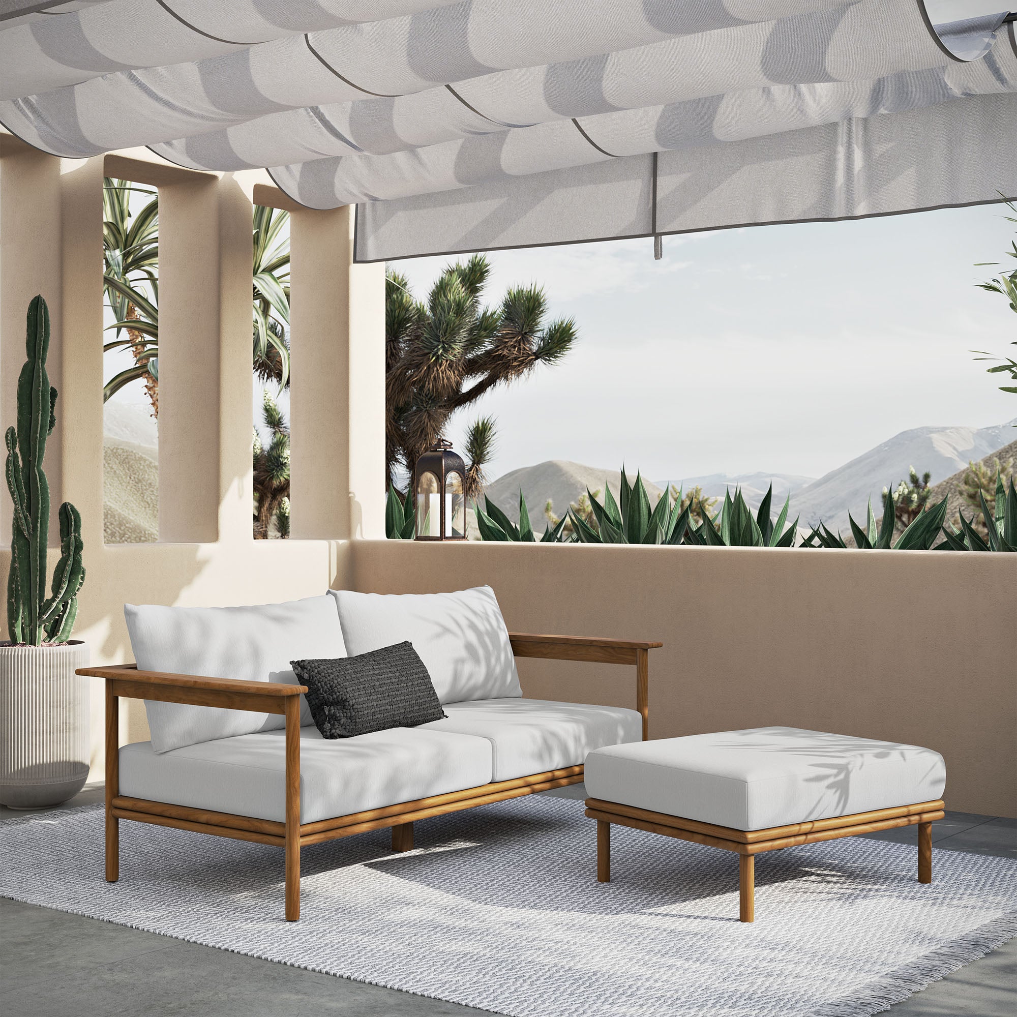 Wren 2-Piece Outdoor Patio Teak Wood Sofa and Ottoman Set - Natural Sail