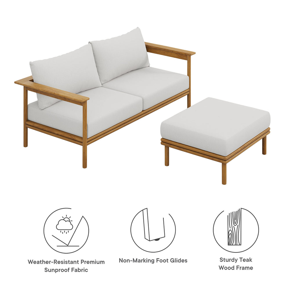 Wren 2-Piece Outdoor Patio Teak Wood Sofa and Ottoman Set - Natural Sail