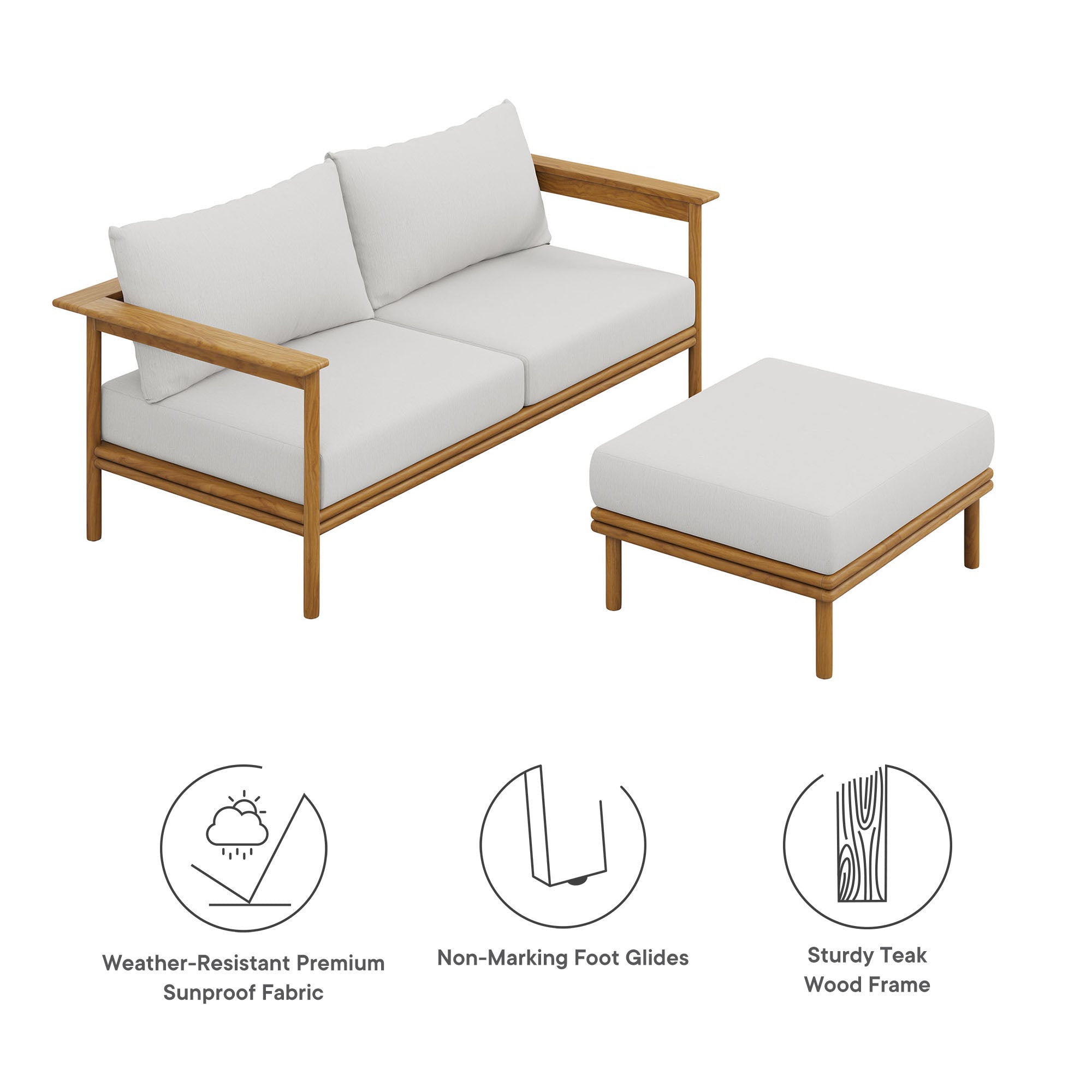 Wren 2-Piece Outdoor Patio Teak Wood Sofa and Ottoman Set - Natural Sail