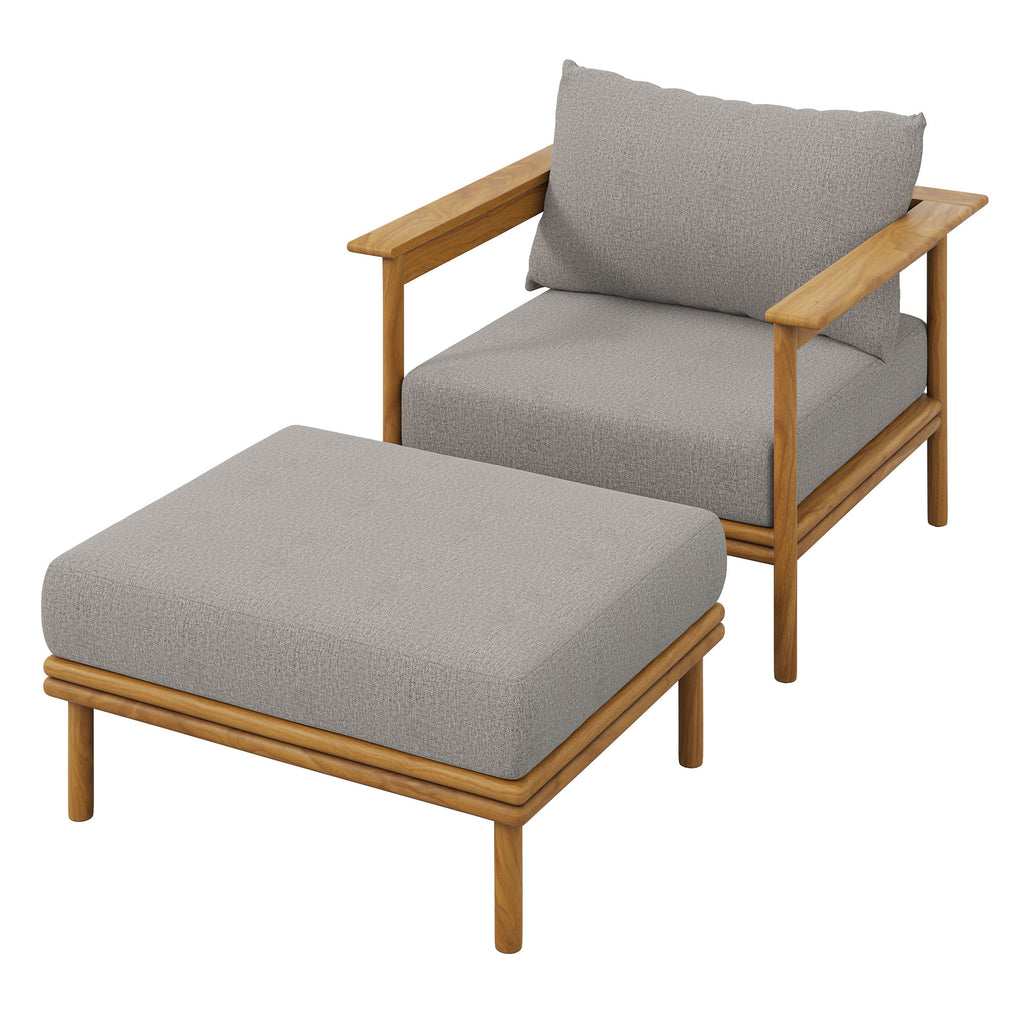 Wren Outdoor Patio Teak Wood Armchair and Ottoman Set - Natural Driftwood