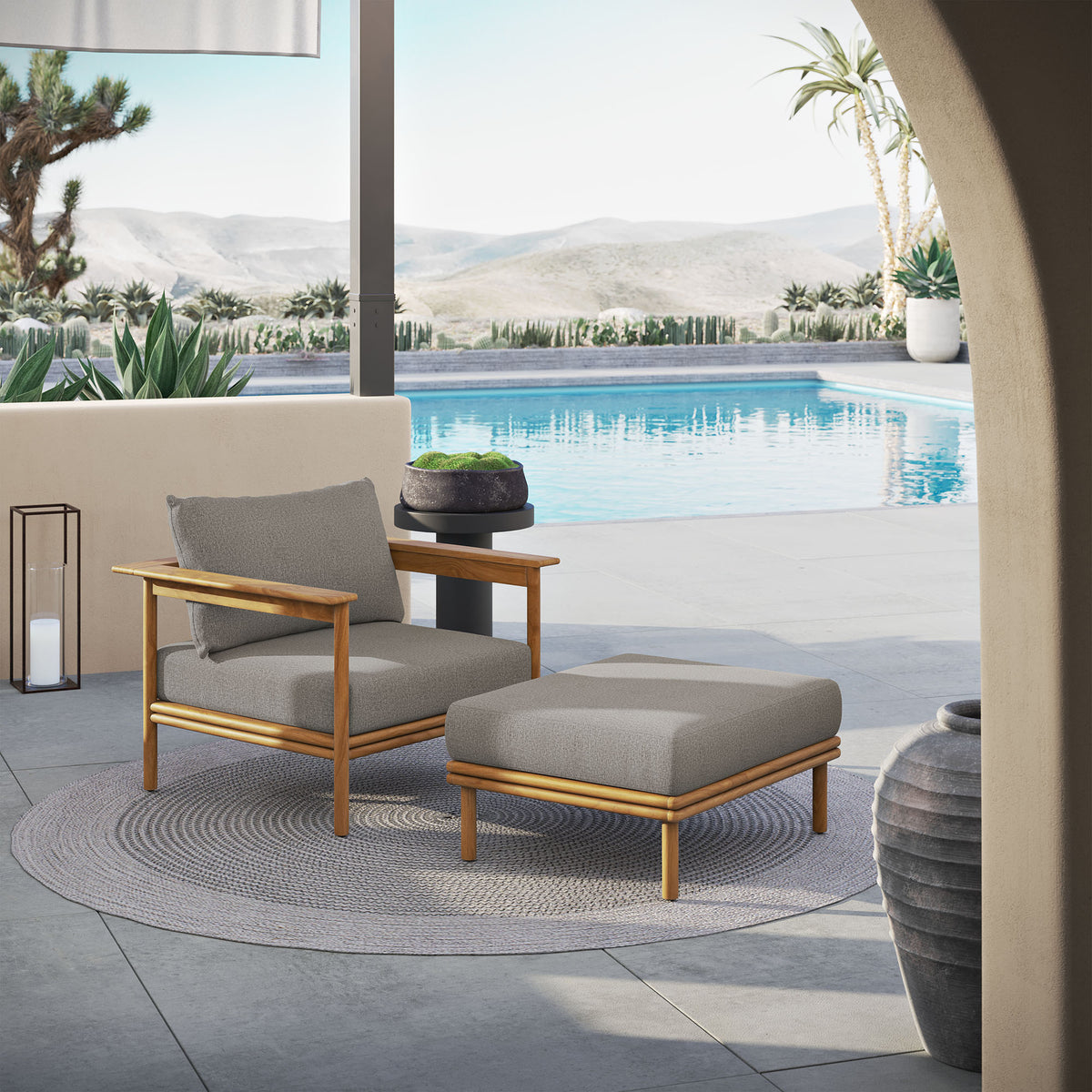 Wren Outdoor Patio Teak Wood Armchair and Ottoman Set - Natural Driftwood