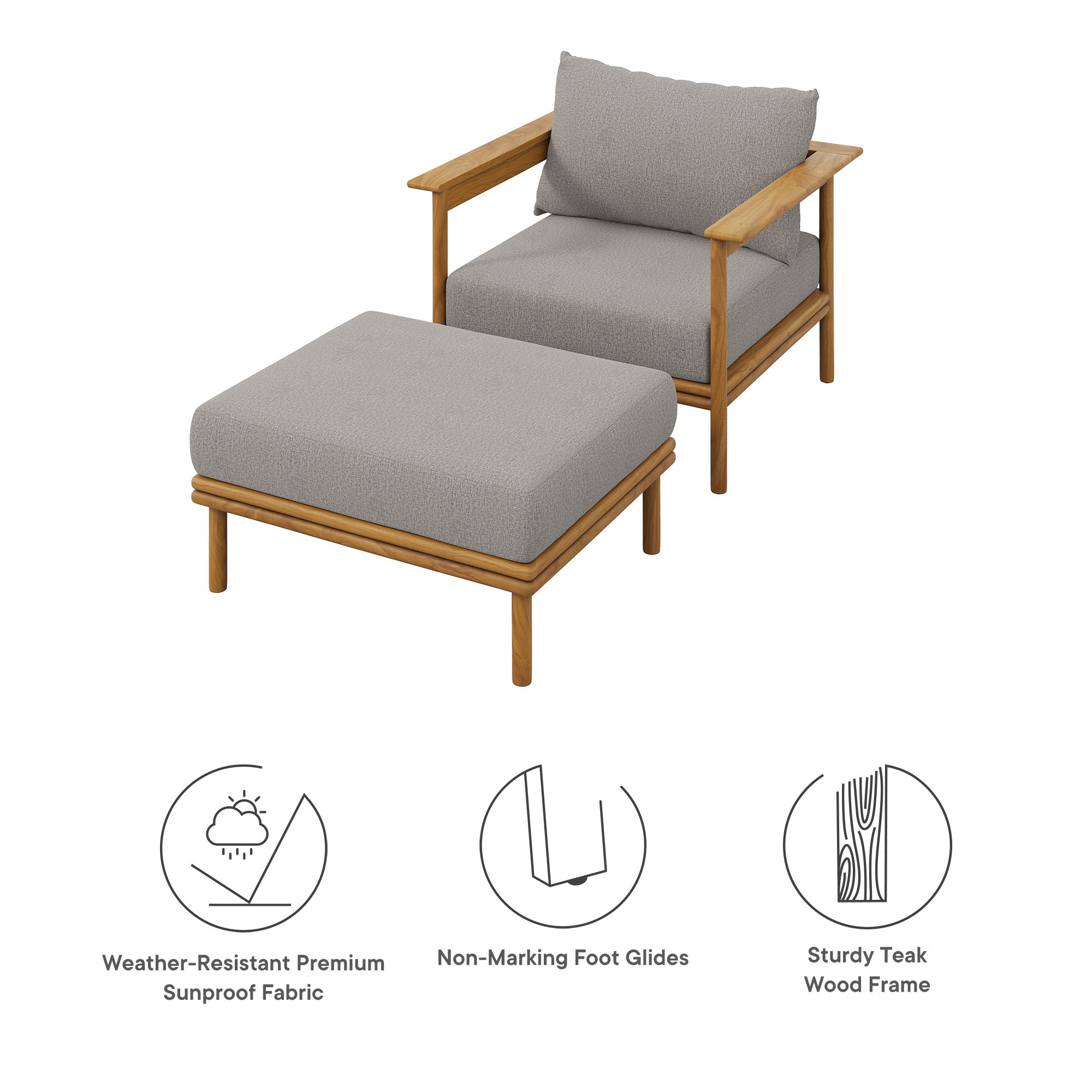 Wren Outdoor Patio Teak Wood Armchair and Ottoman Set - Natural Driftwood