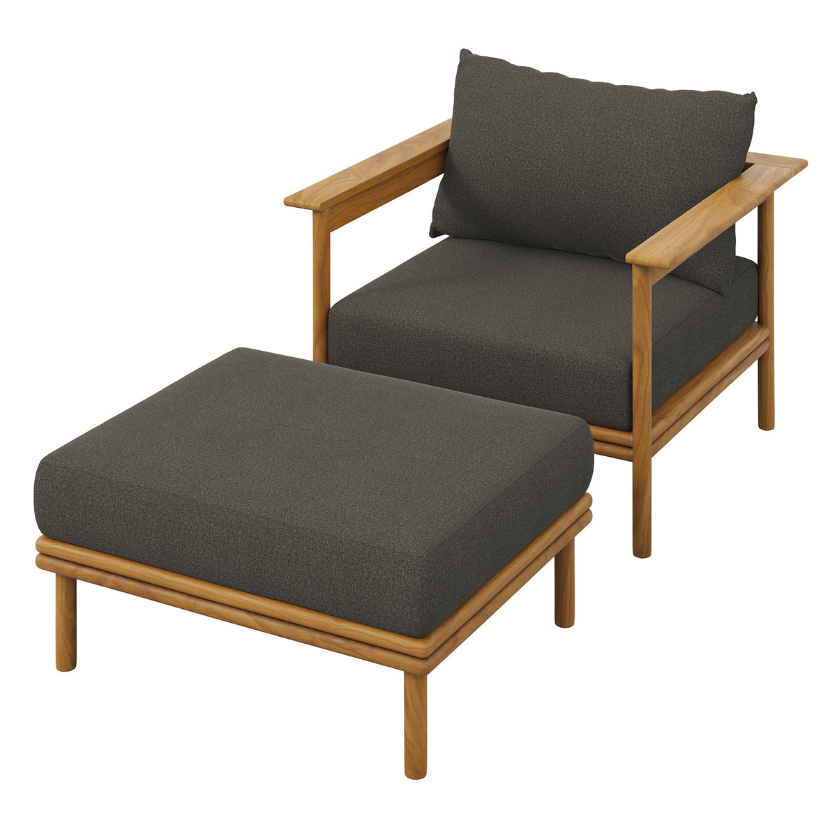 Wren Outdoor Patio Teak Wood Armchair and Ottoman Set - Natural Flint Gray