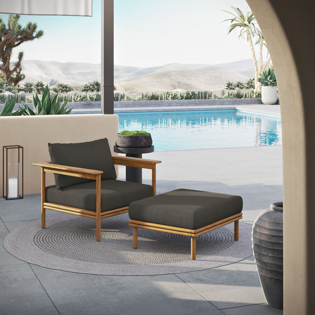 Wren Outdoor Patio Teak Wood Armchair and Ottoman Set - Natural Flint Gray