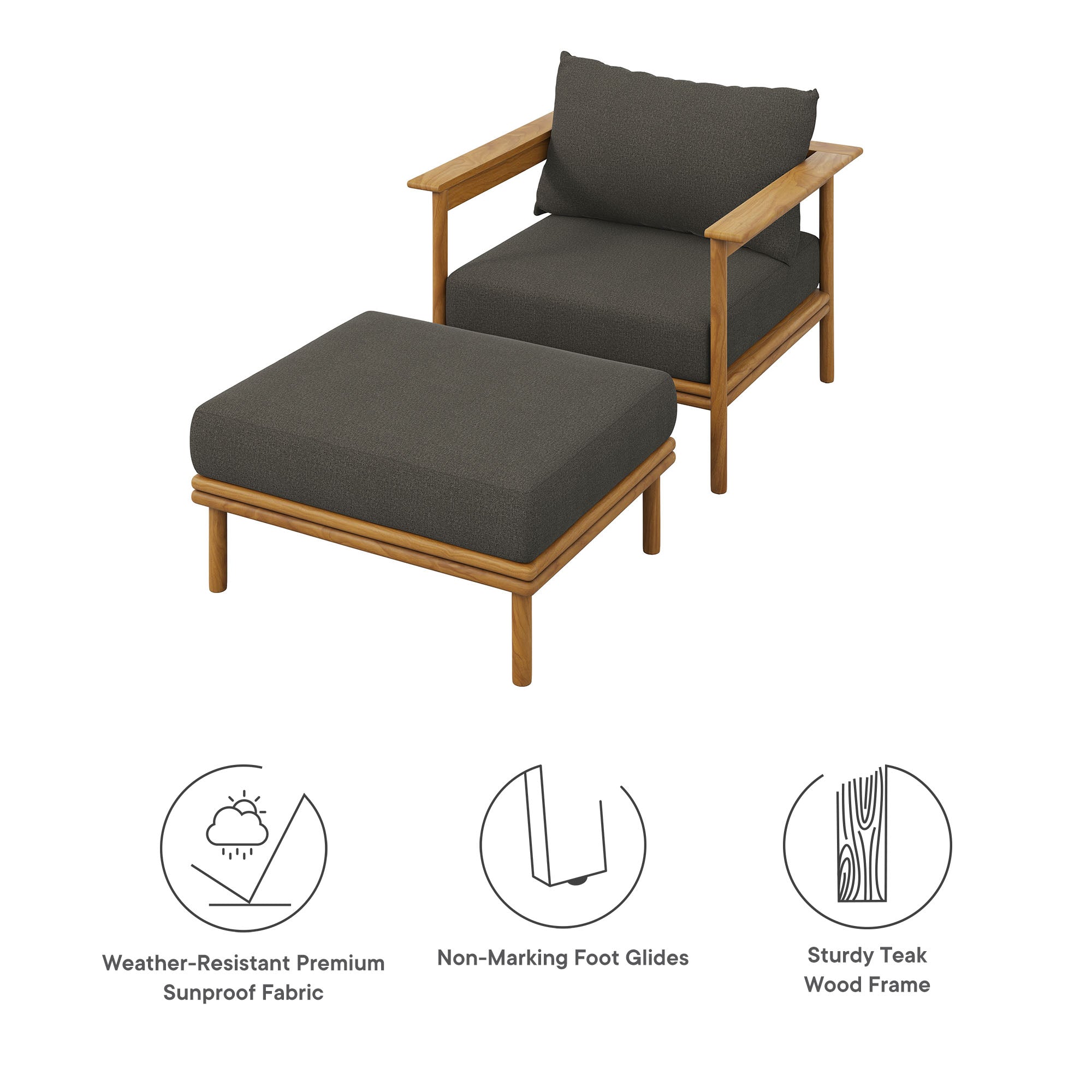 Wren Outdoor Patio Teak Wood Armchair and Ottoman Set - Natural Flint Gray
