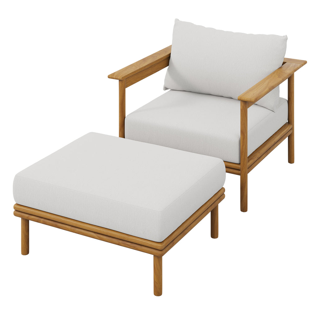 Wren Outdoor Patio Teak Wood Armchair and Ottoman Set - Natural Sail